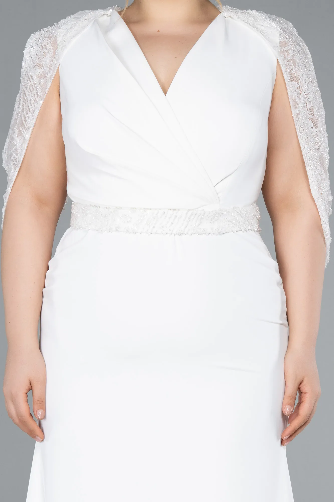 Ecru-Long Formal Plus Size Dress ABU4668