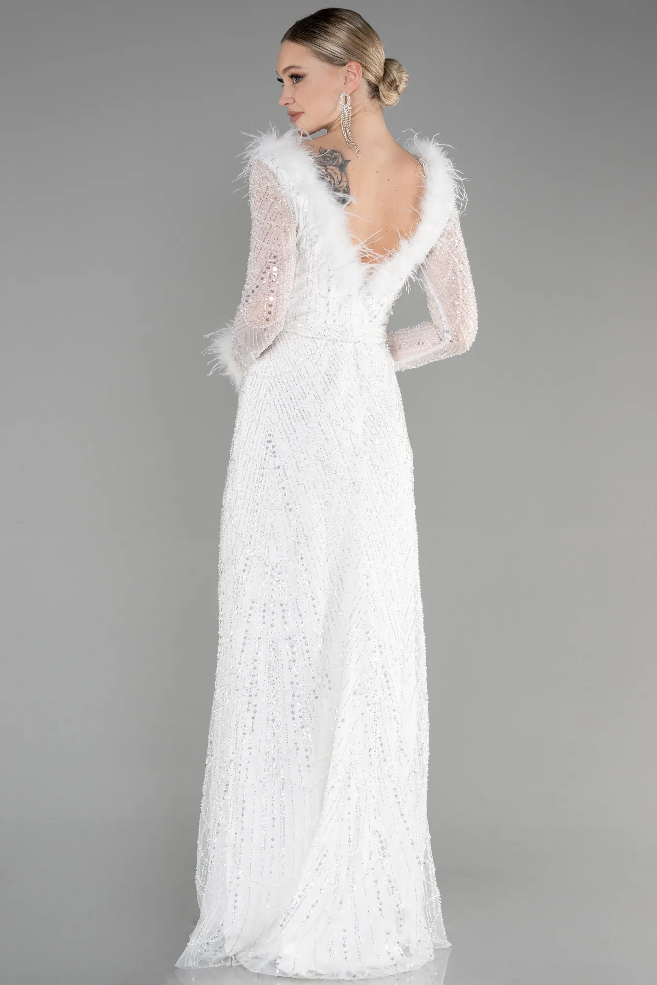 Ecru-Long Haute Couture Dress ABU3580