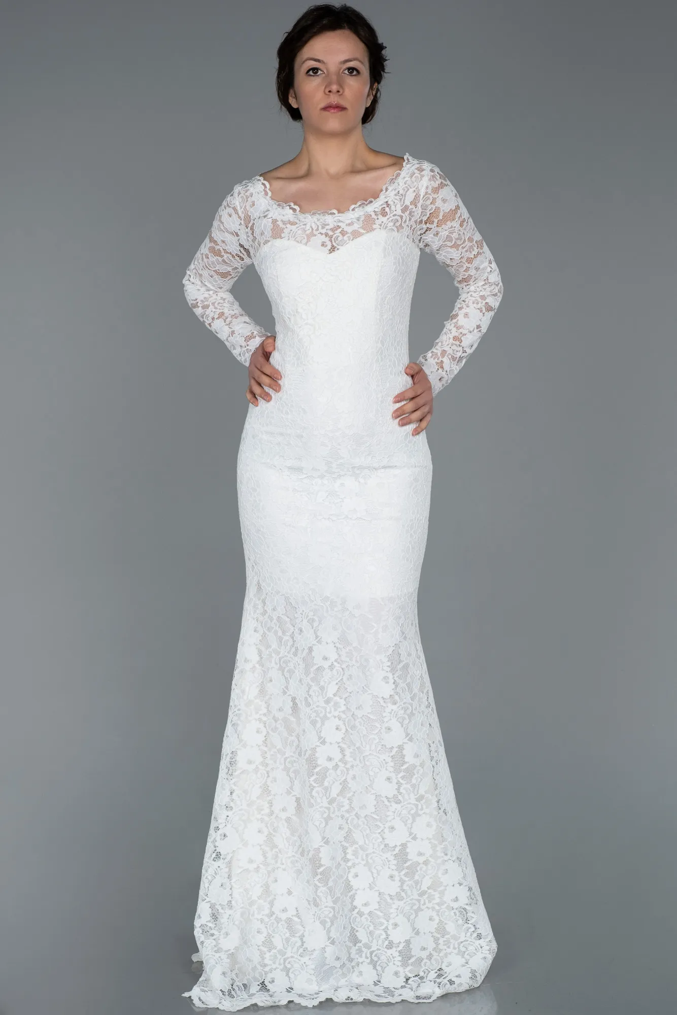 Ecru-Long Laced Evening Dress ABU1571