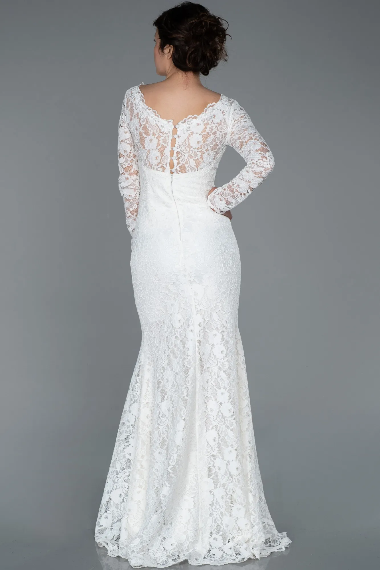 Ecru-Long Laced Evening Dress ABU1571