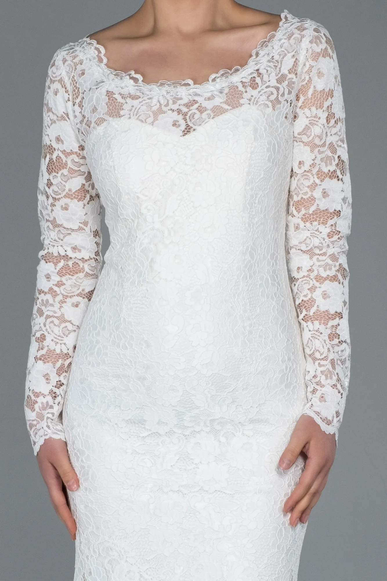 Ecru-Long Laced Evening Dress ABU1571