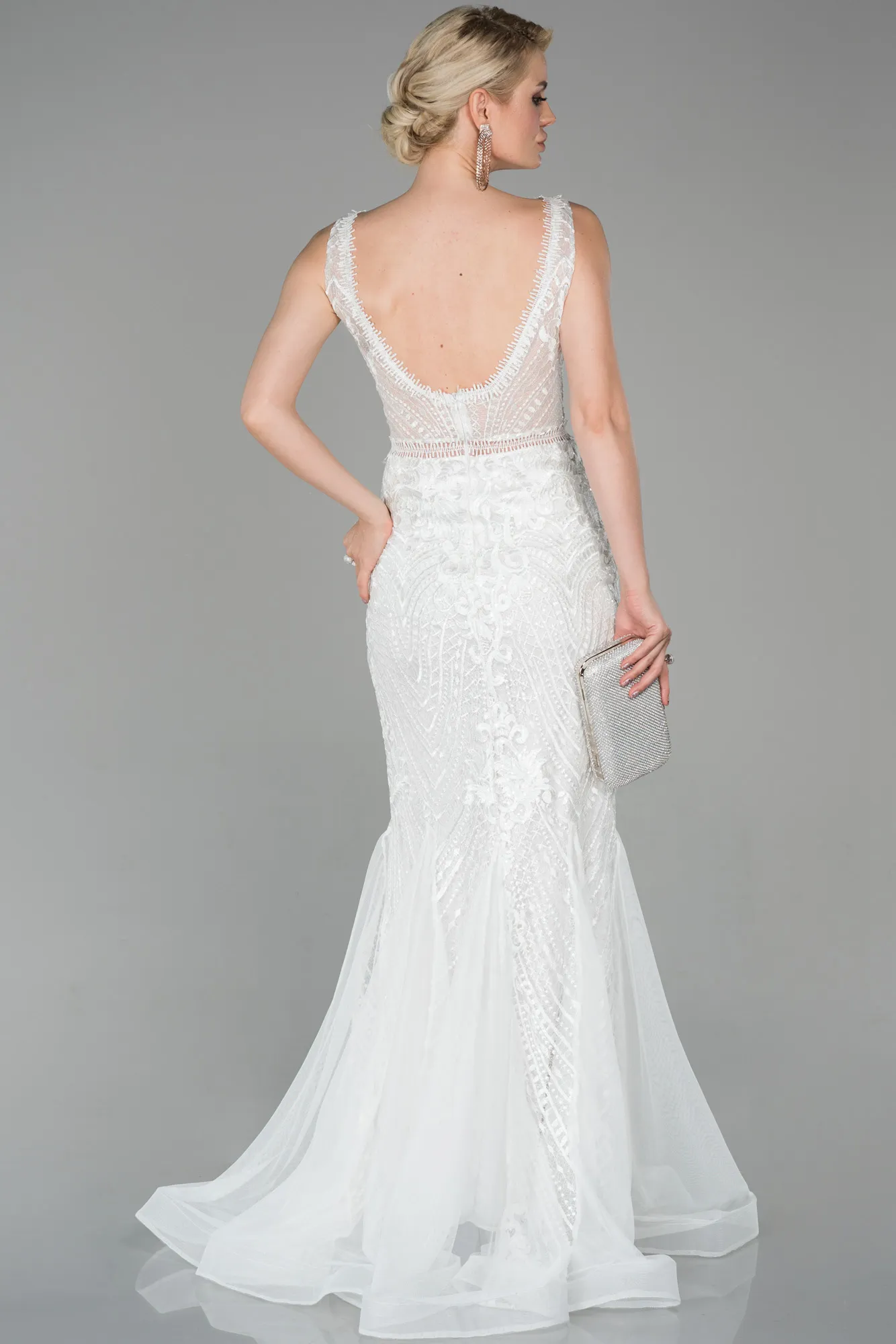 Ecru-Long Laced Evening Dress ABU1611