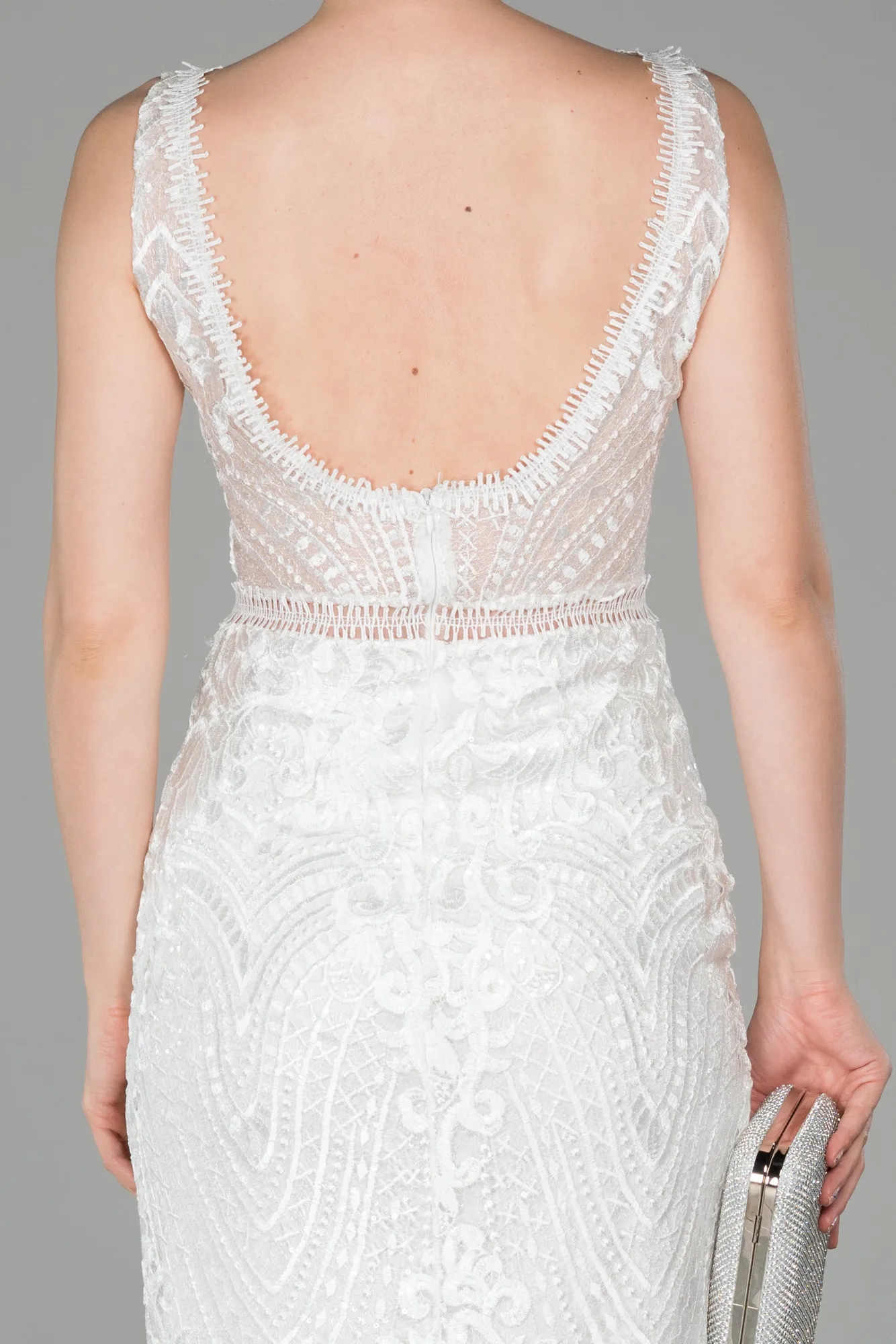 Ecru-Long Laced Evening Dress ABU1611