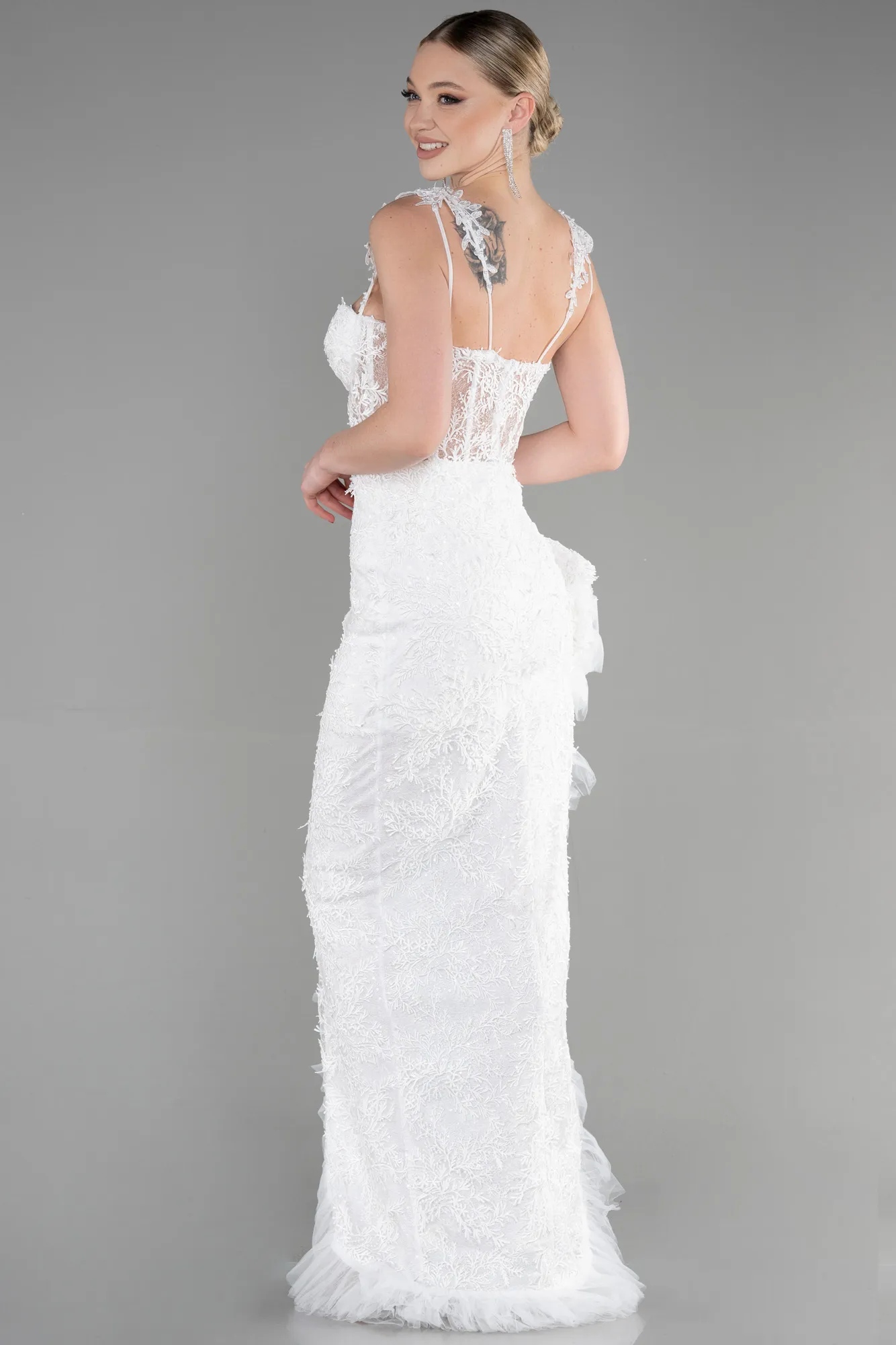 Ecru-Long Laced Evening Dress ABU3317