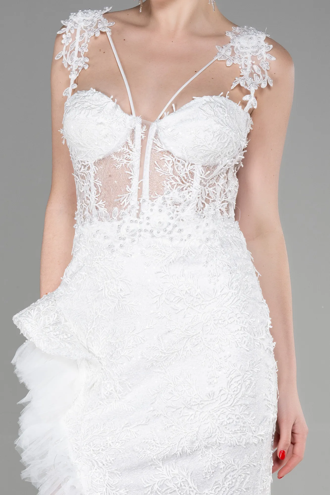 Ecru-Long Laced Evening Dress ABU3317