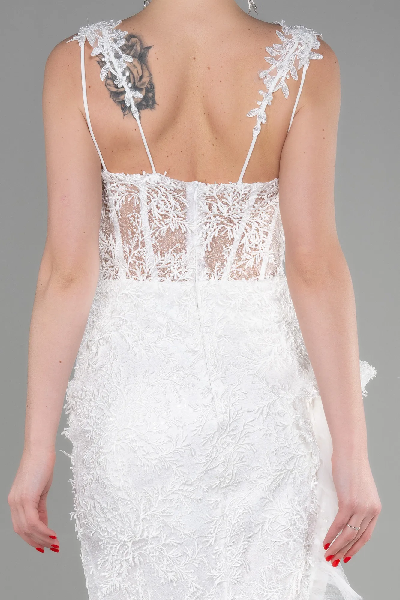 Ecru-Long Laced Evening Dress ABU3317