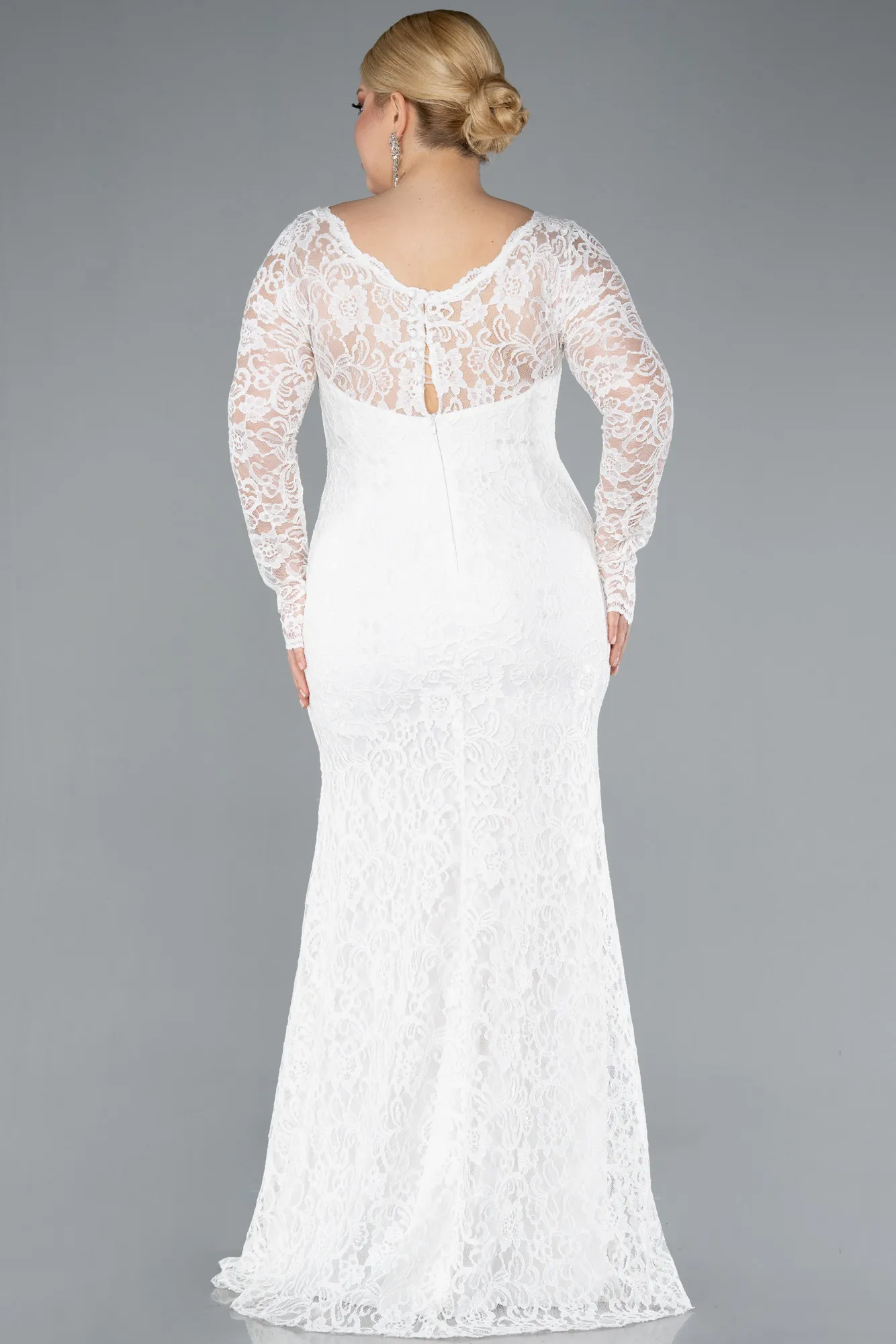Ecru-Long Laced Oversized Evening Dress ABU1574