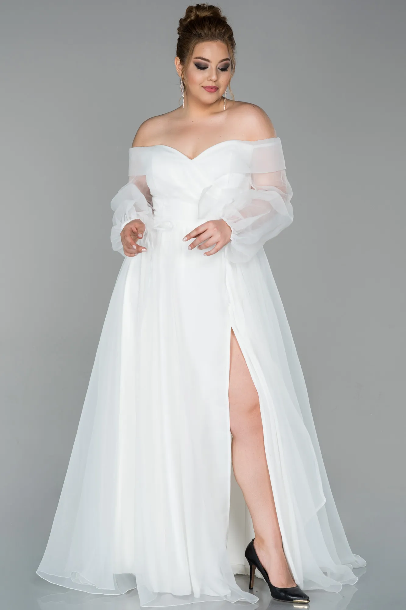 Ecru-Long Oversized Evening Dress ABU1535