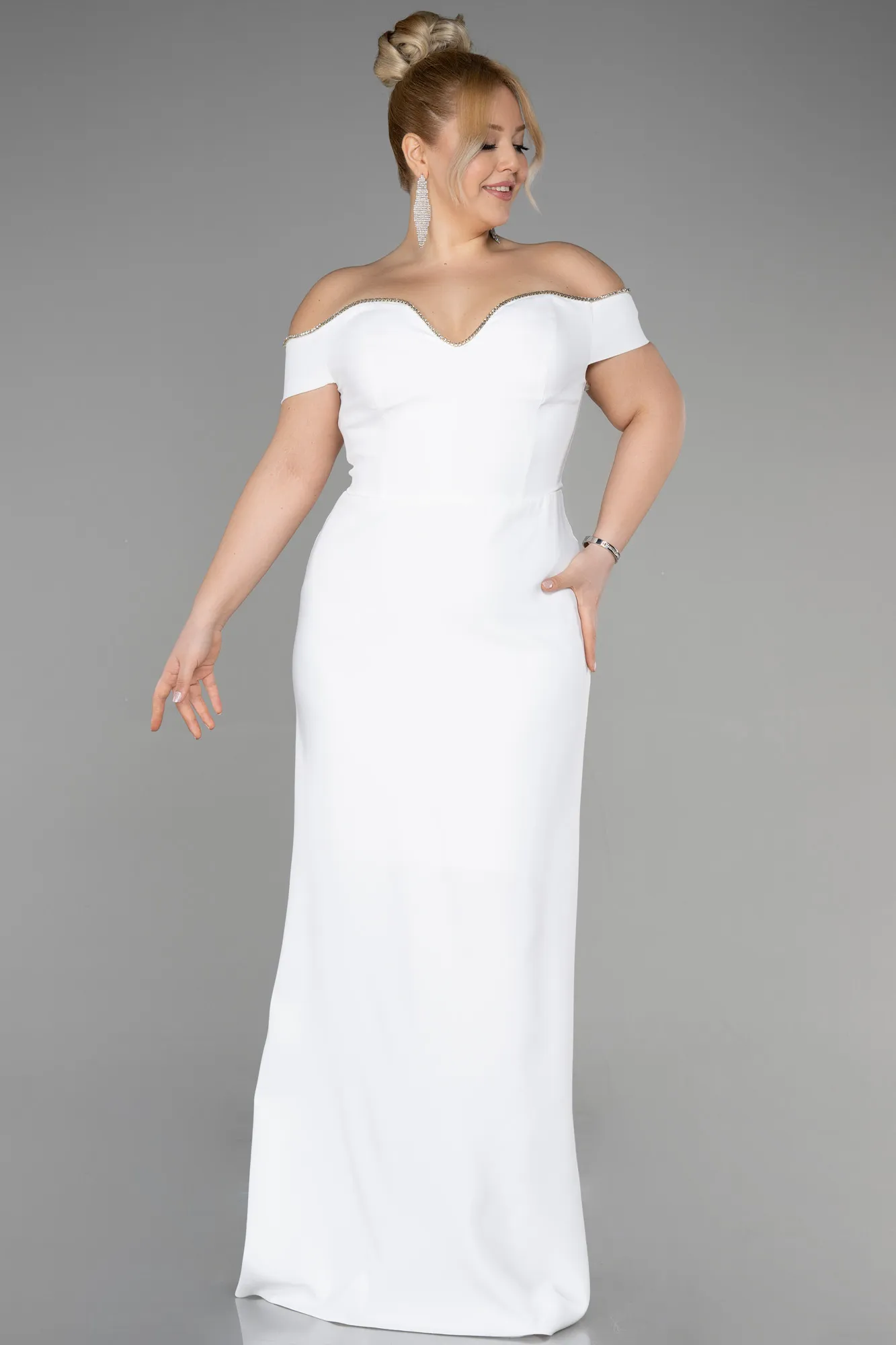 Ecru-Long Plus Size Evening Dress ABU3582