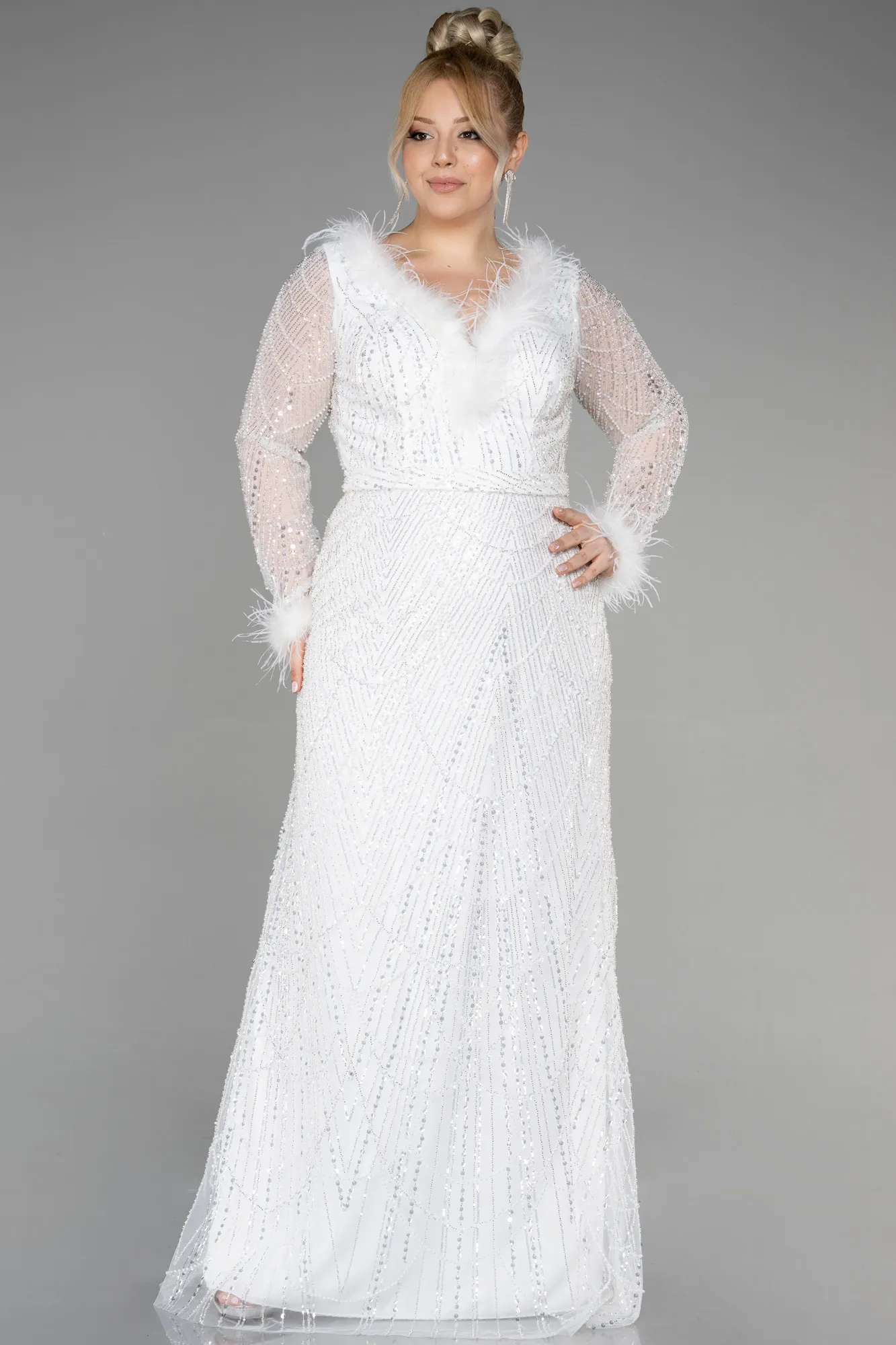 Ecru-Long Plus Size Haute Couture Dress ABU3581