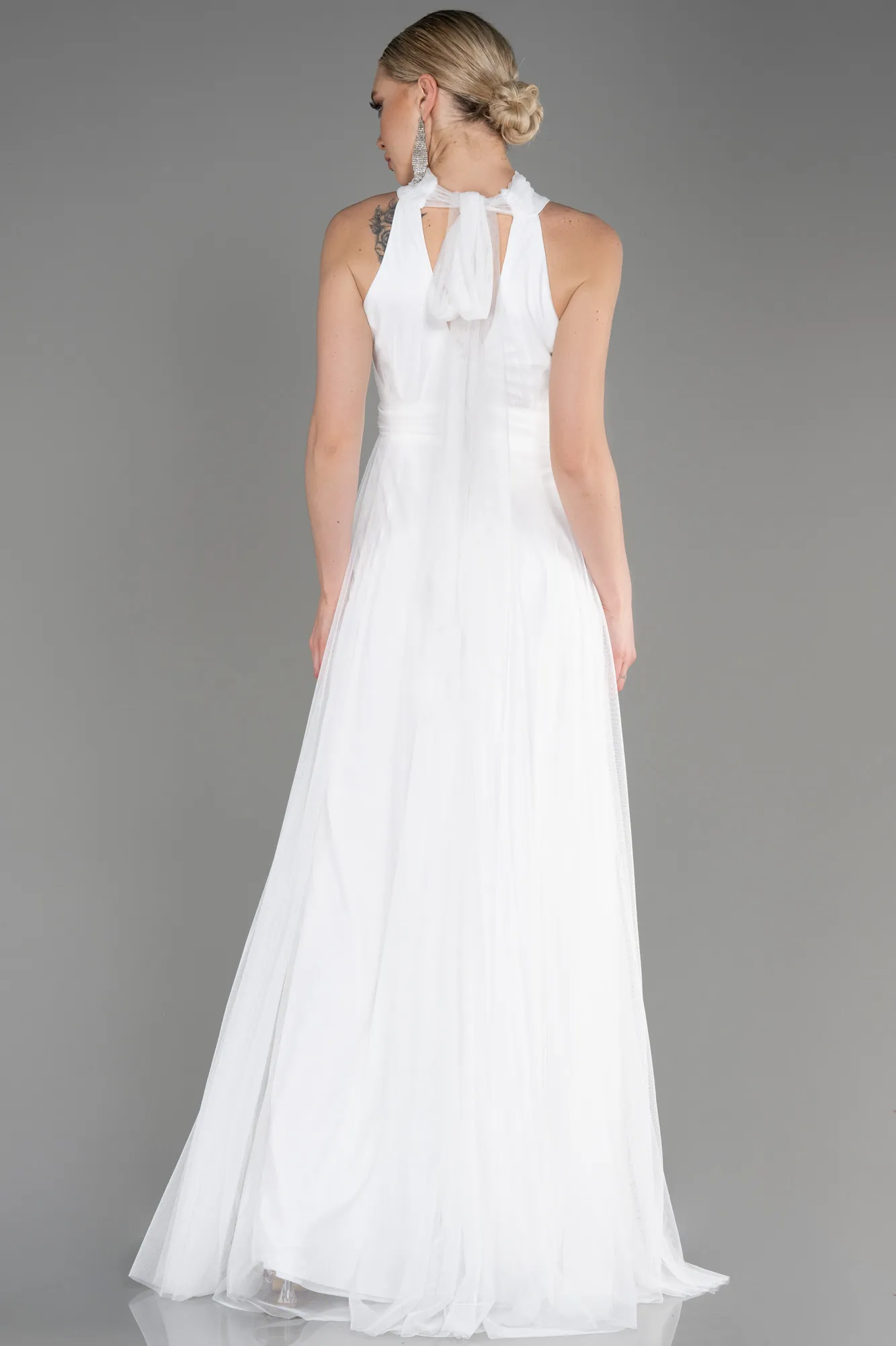 Ecru-Halter Neck Long Graduation Prom Dress ABU3252