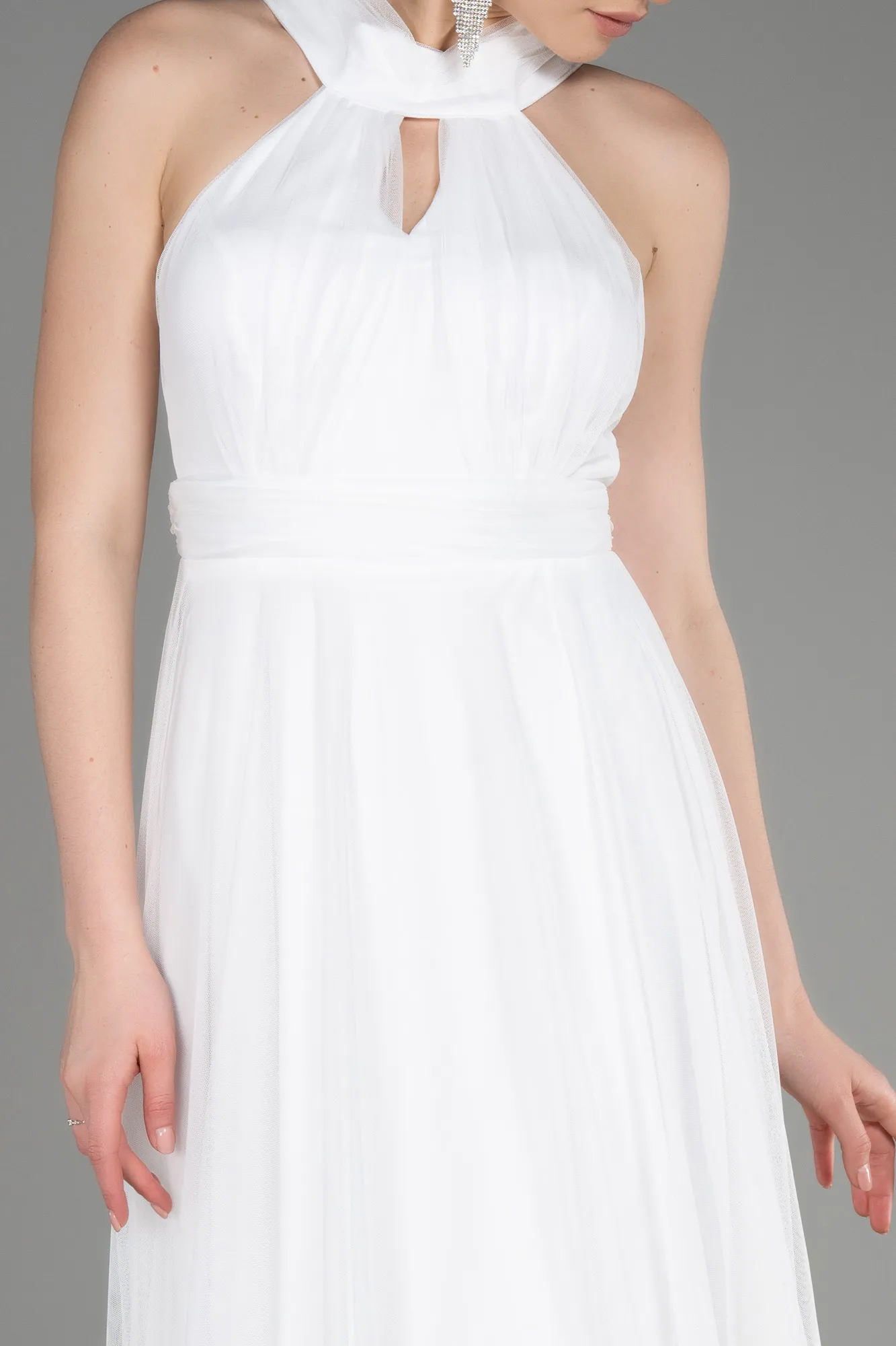 Ecru-Halter Neck Long Graduation Prom Dress ABU3252