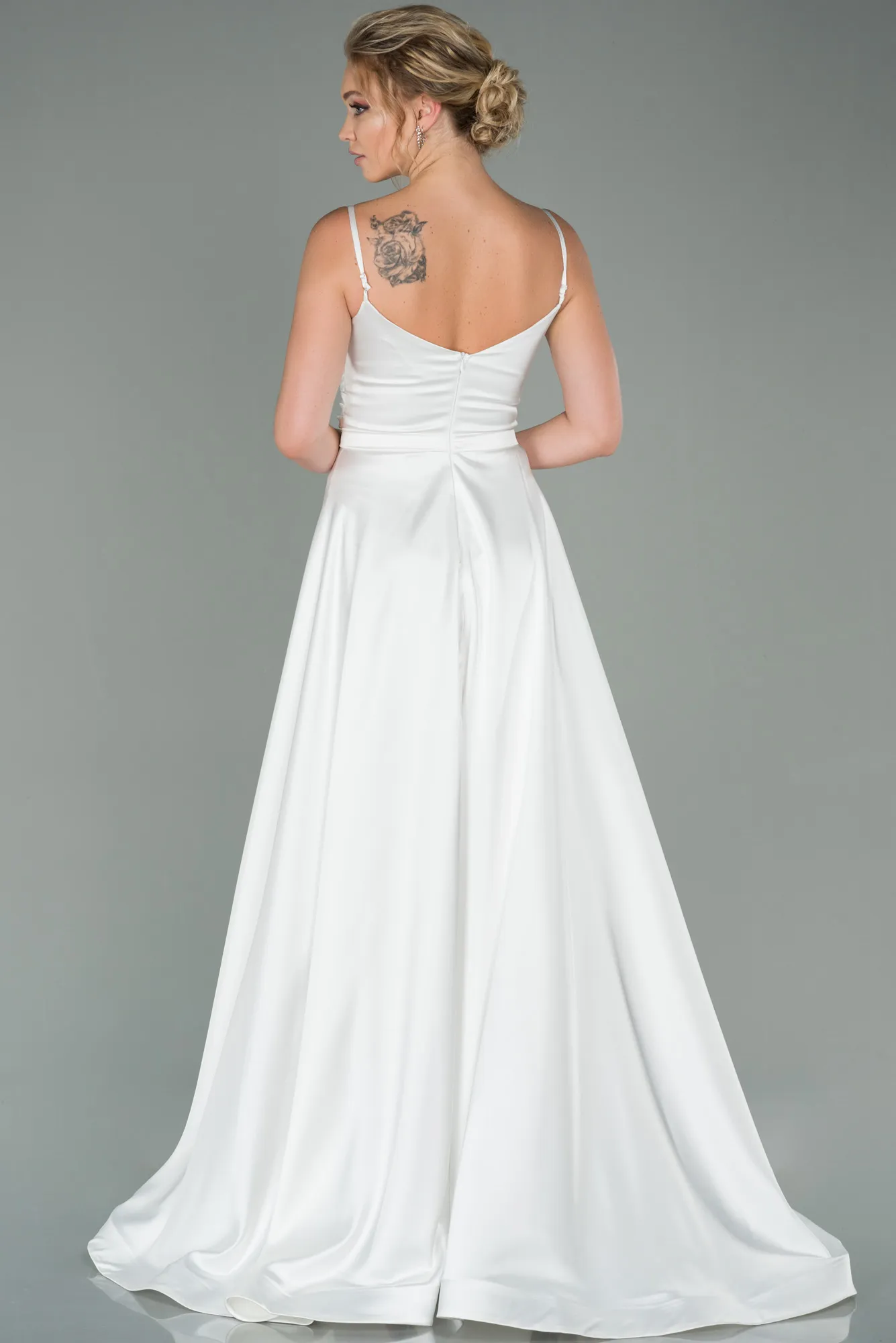 Ecru-Long Satin Evening Dress ABU1601