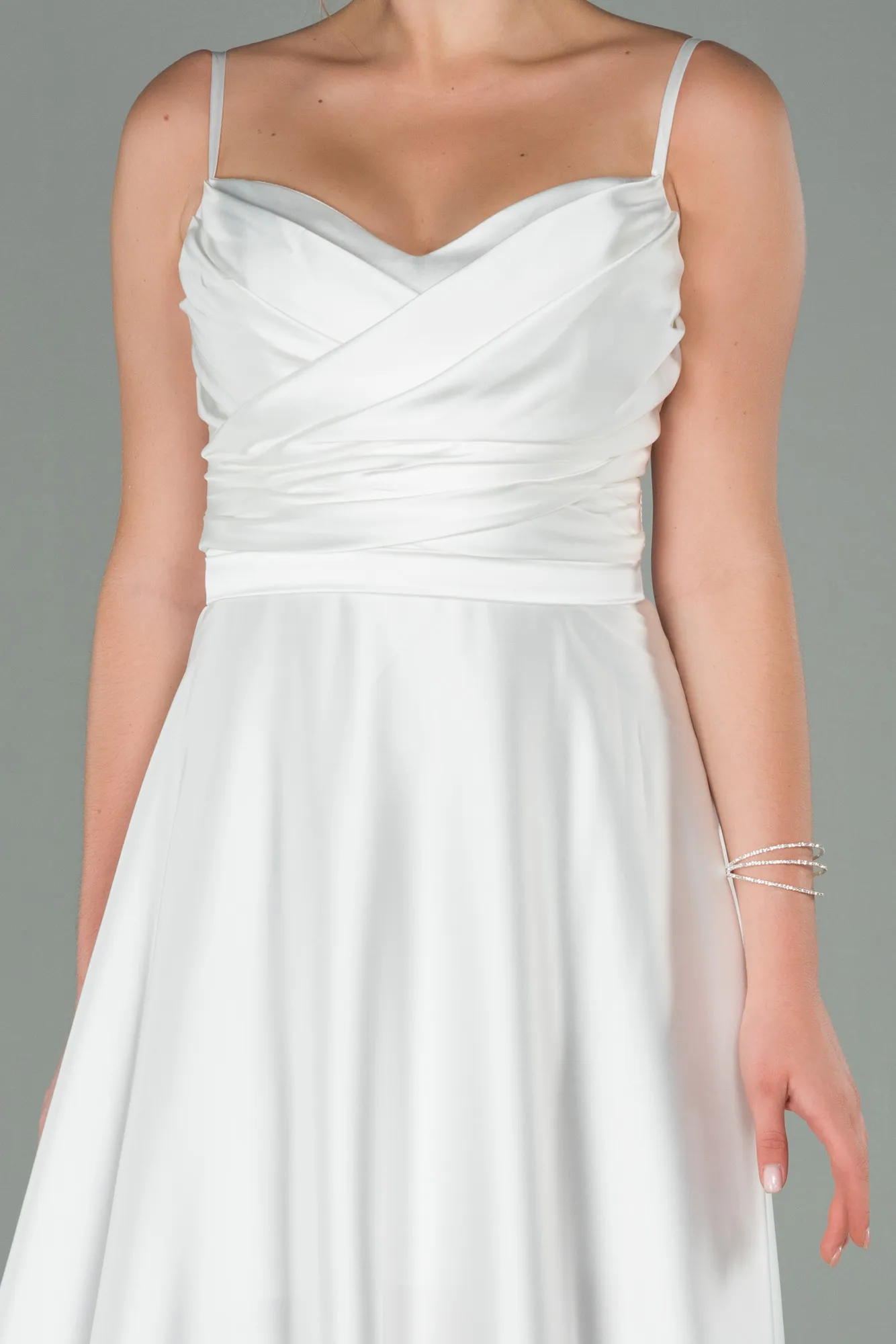 Ecru-Long Satin Evening Dress ABU1601