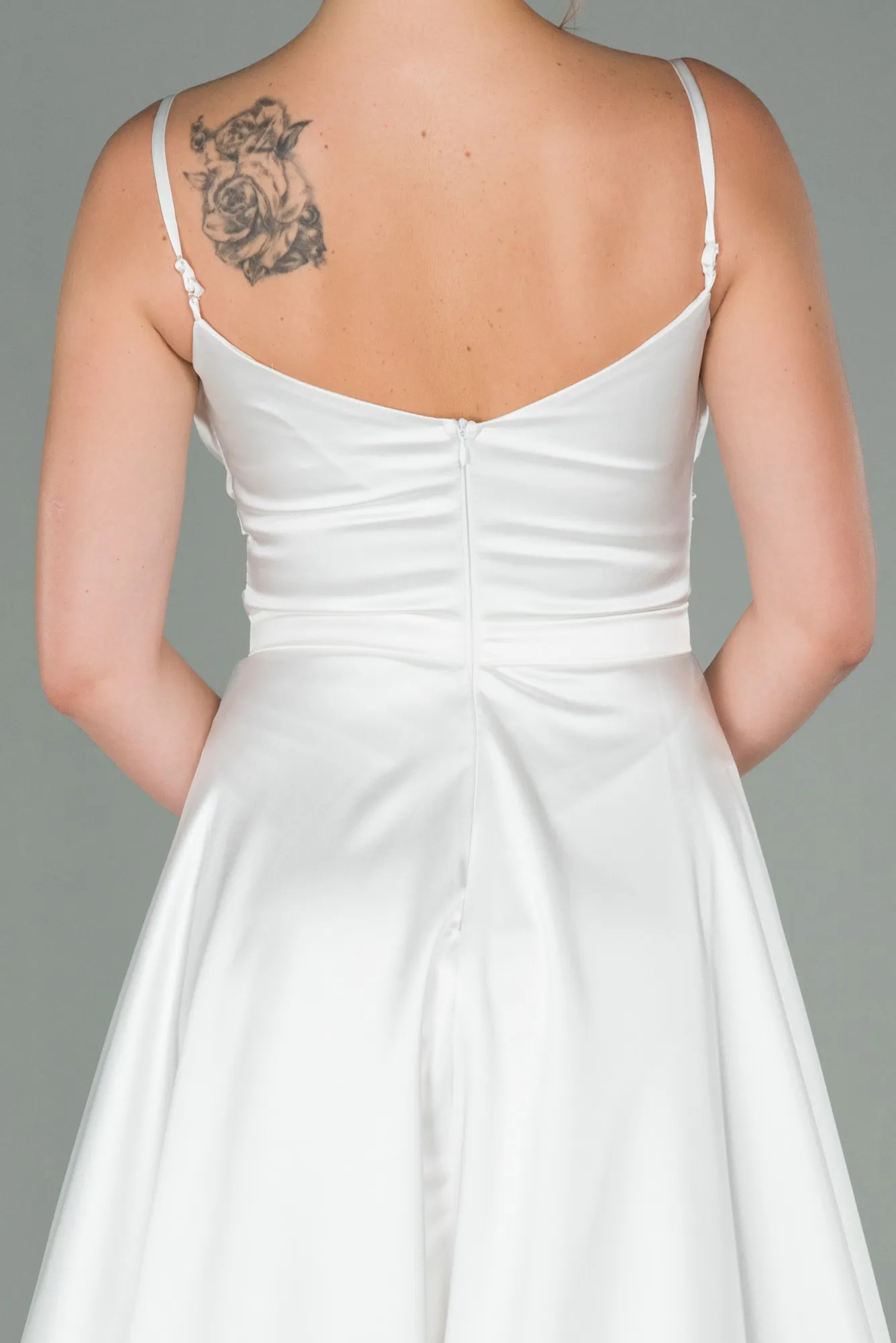 Ecru-Long Satin Evening Dress ABU1601