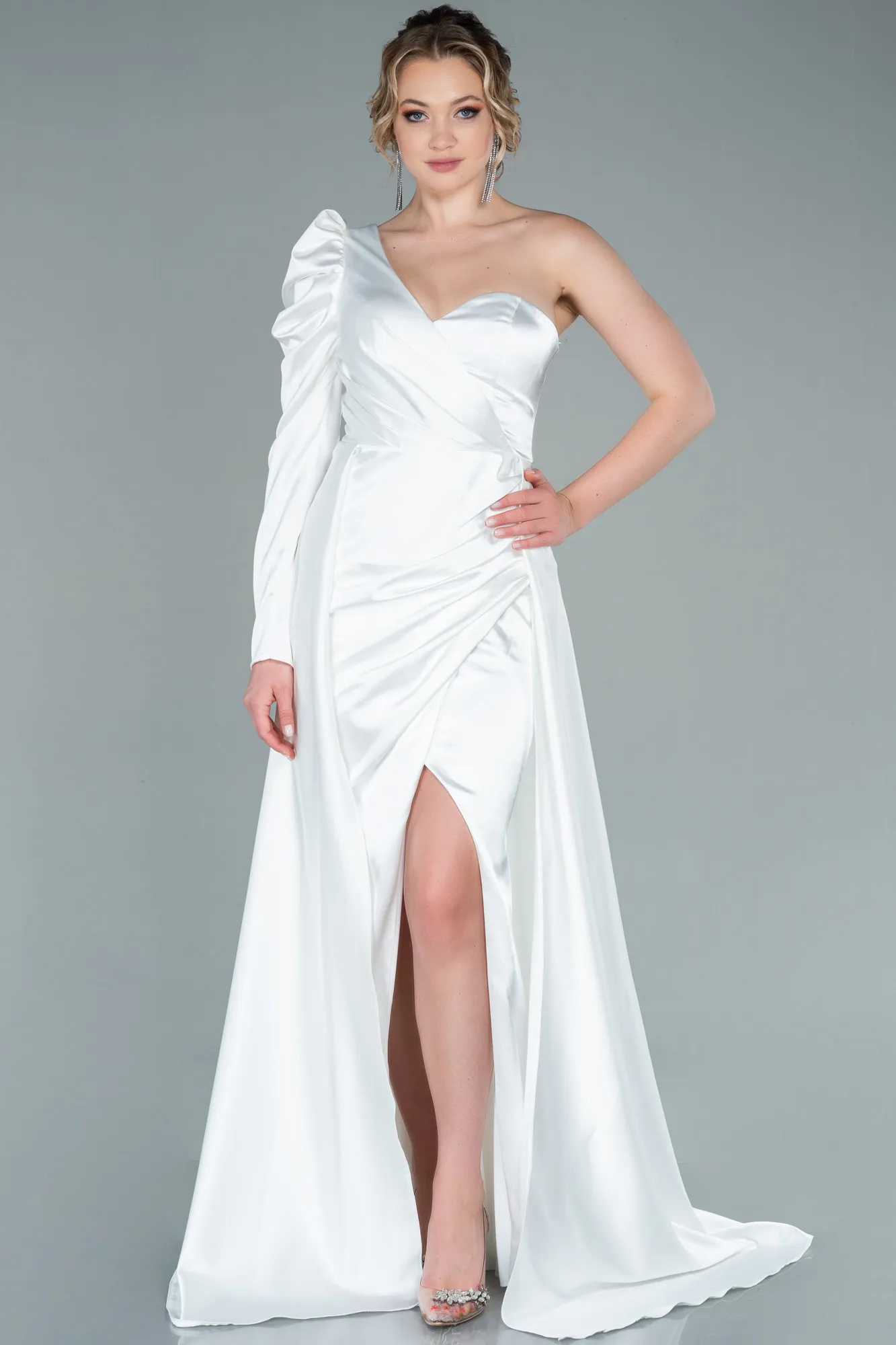 Ecru-Long Satin Evening Dress ABU1715