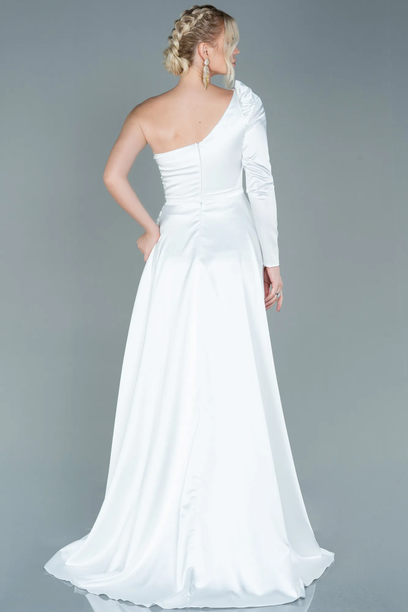 Ecru-Long Satin Evening Dress ABU2610