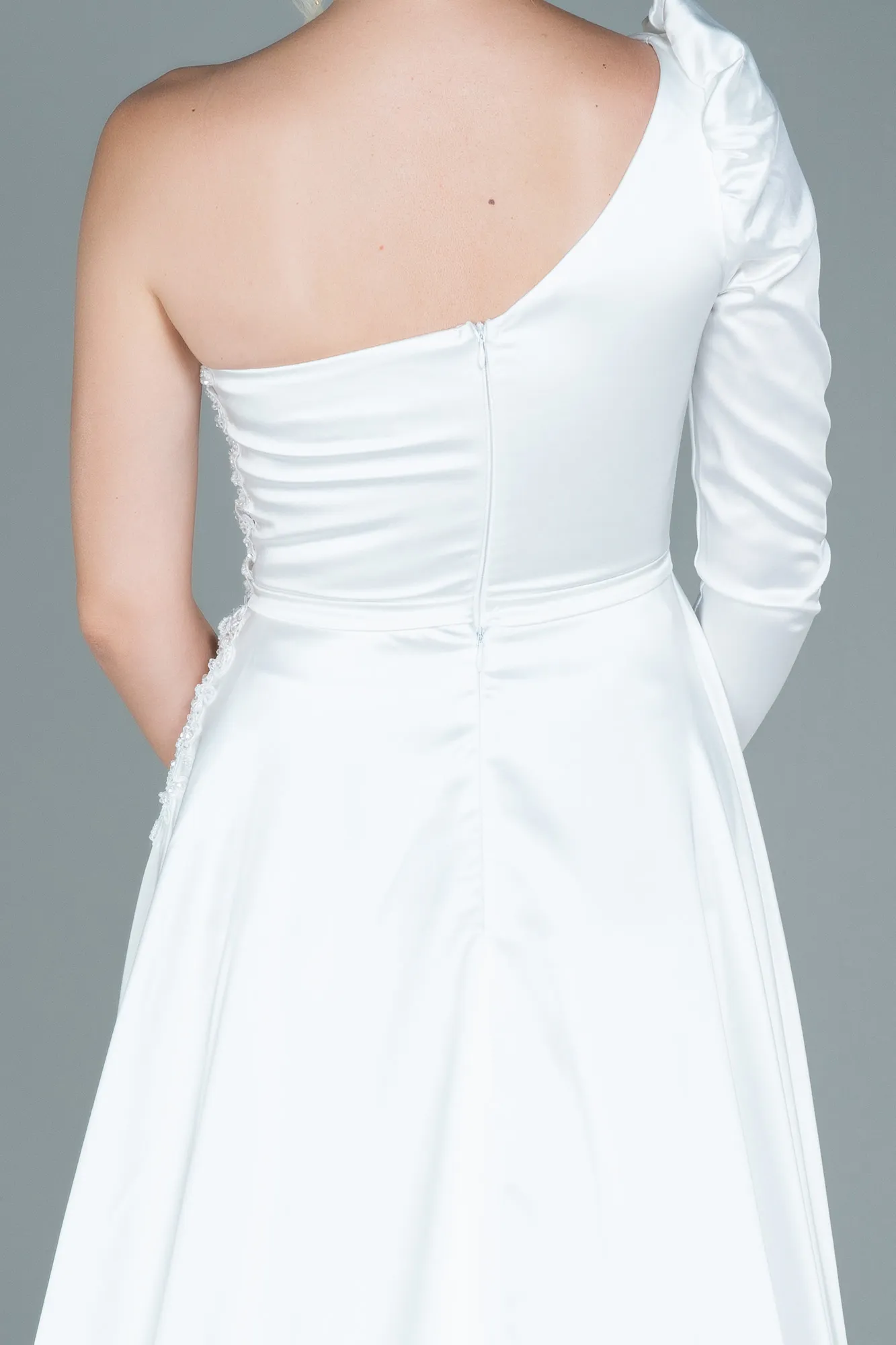 Ecru-Long Satin Evening Dress ABU2610