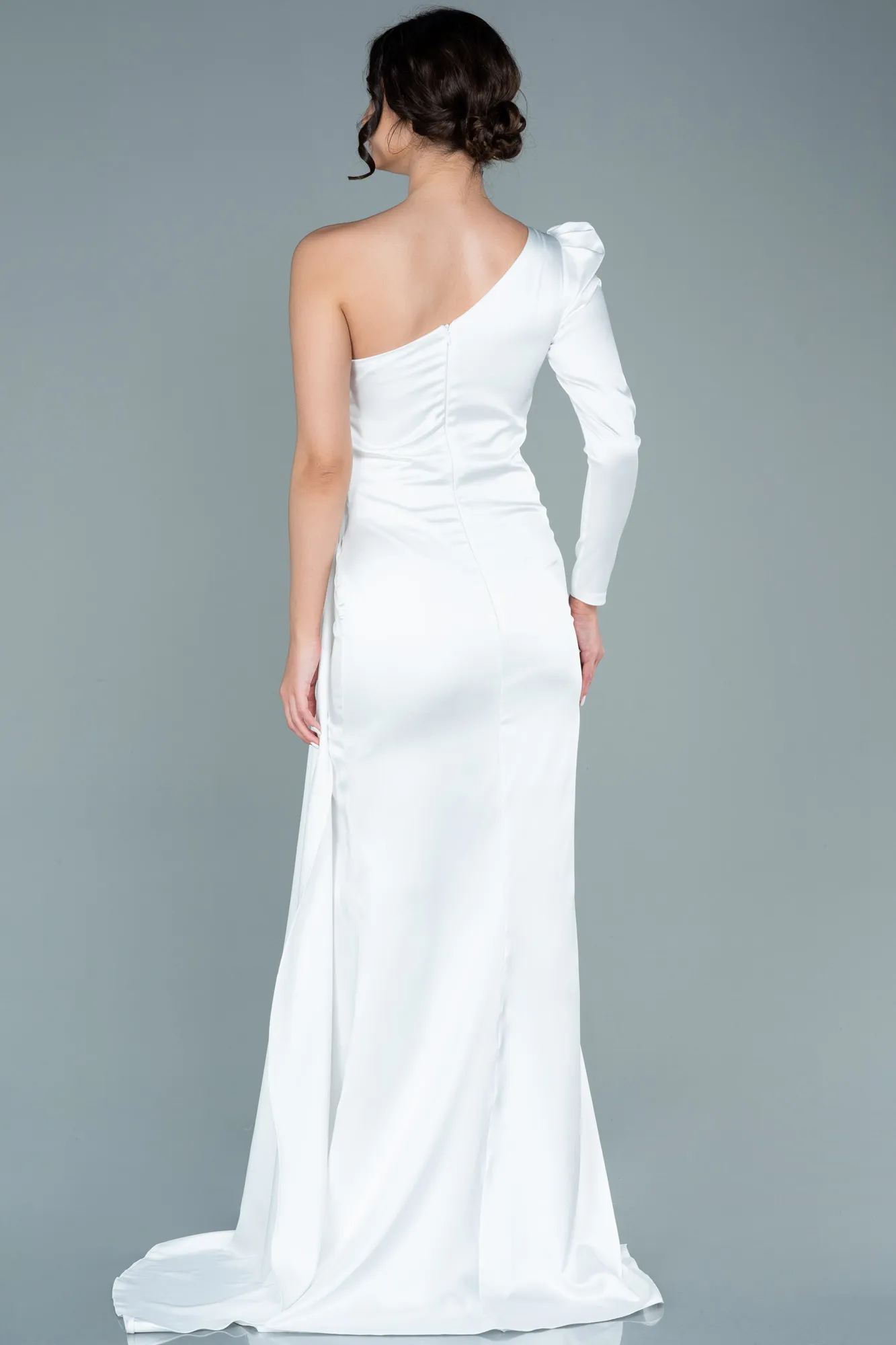 Ecru-Long Satin Evening Dress ABU2676