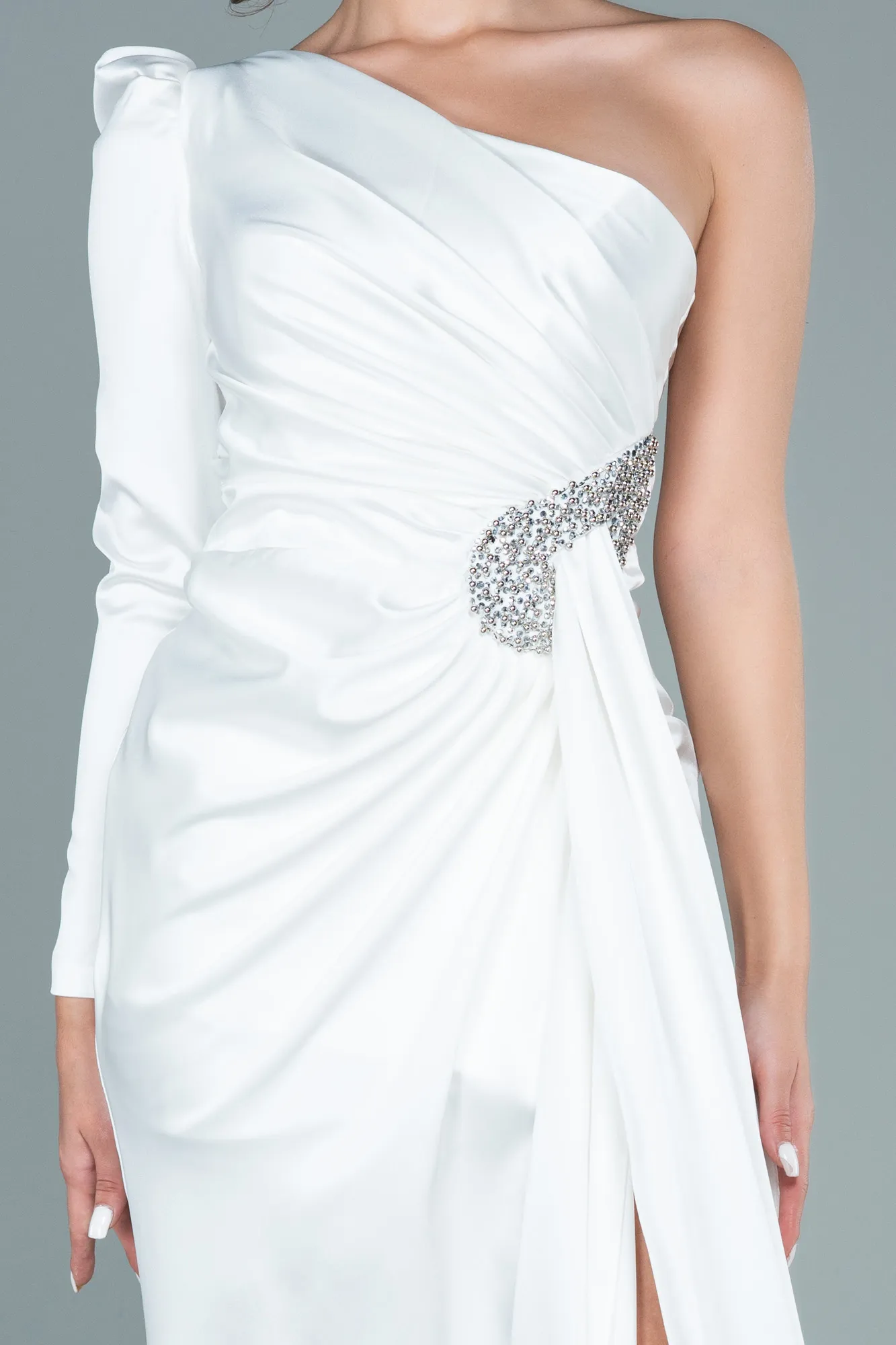 Ecru-Long Satin Evening Dress ABU2676