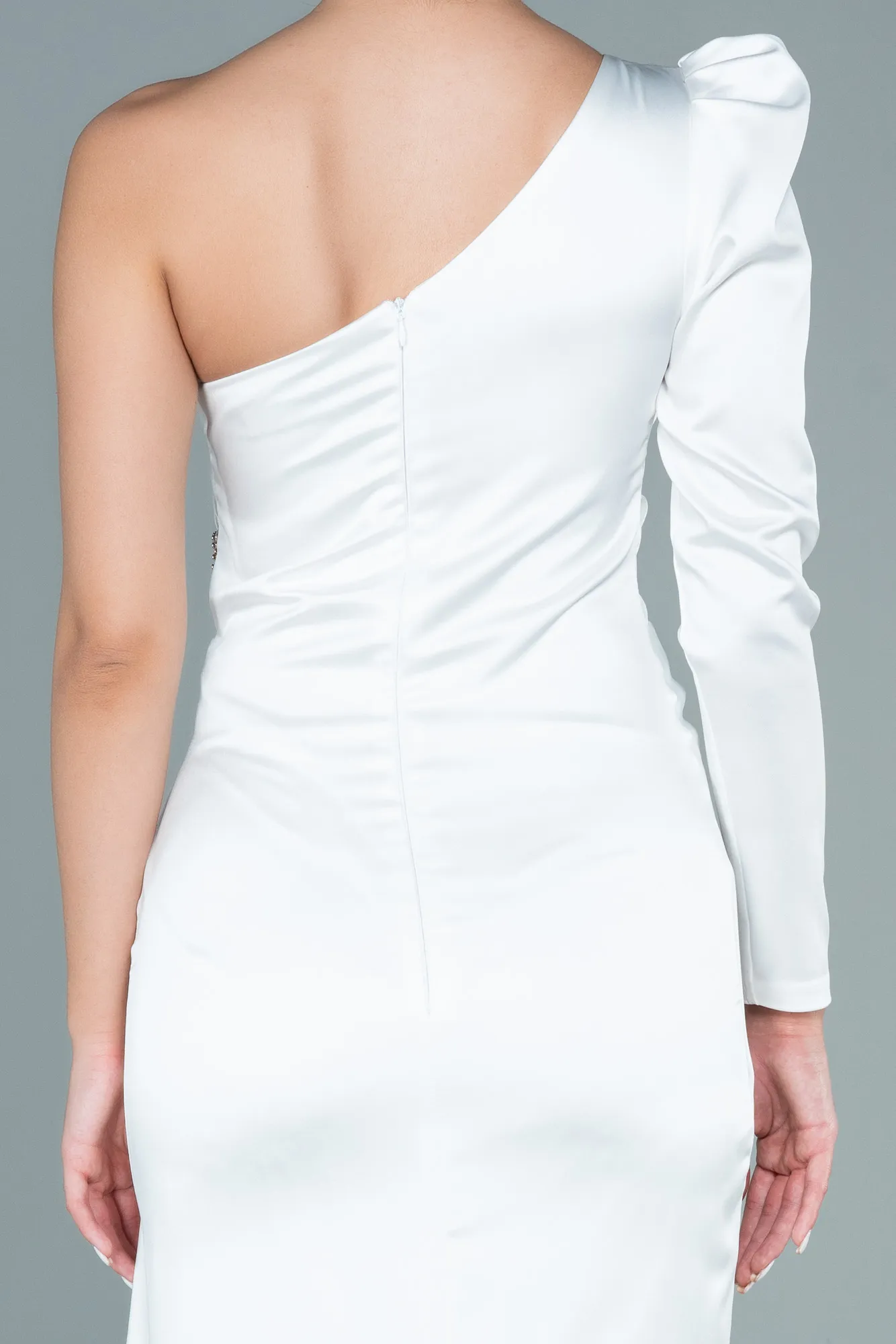 Ecru-Long Satin Evening Dress ABU2676