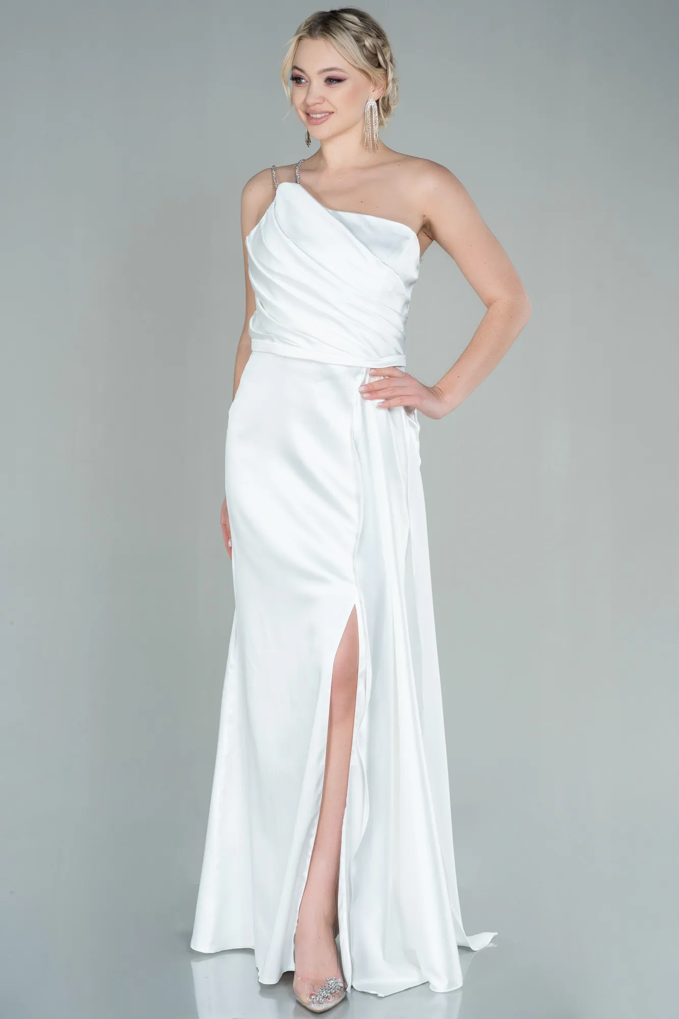 Ecru-Long Satin Evening Dress ABU2817