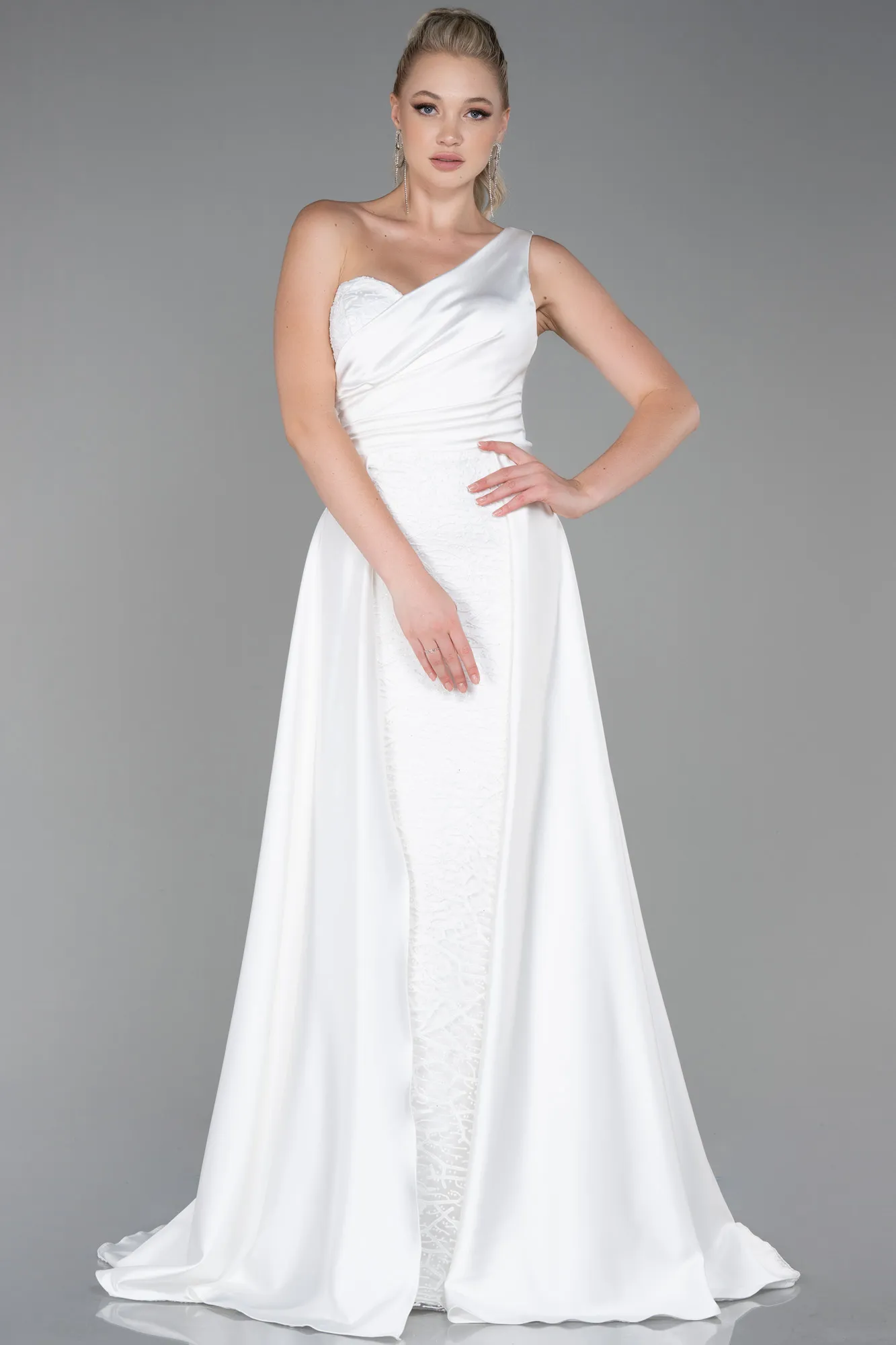 Ecru-Long Satin Evening Dress ABU2933