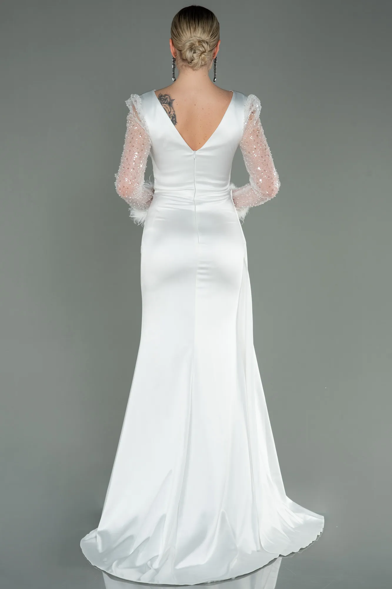 Ecru-Long Satin Evening Dress ABU3080