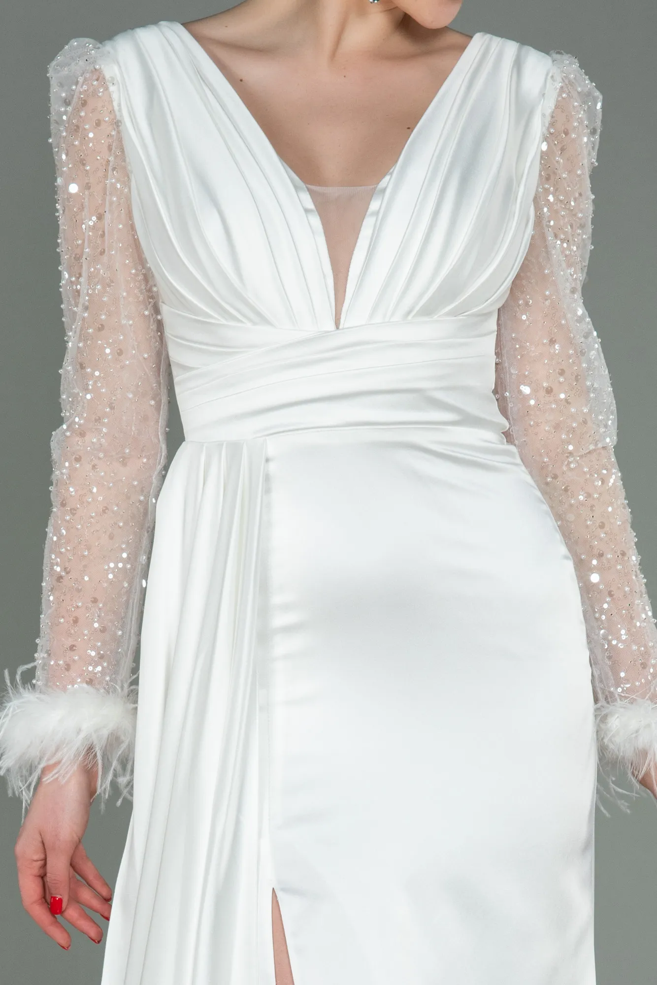 Ecru-Long Satin Evening Dress ABU3080