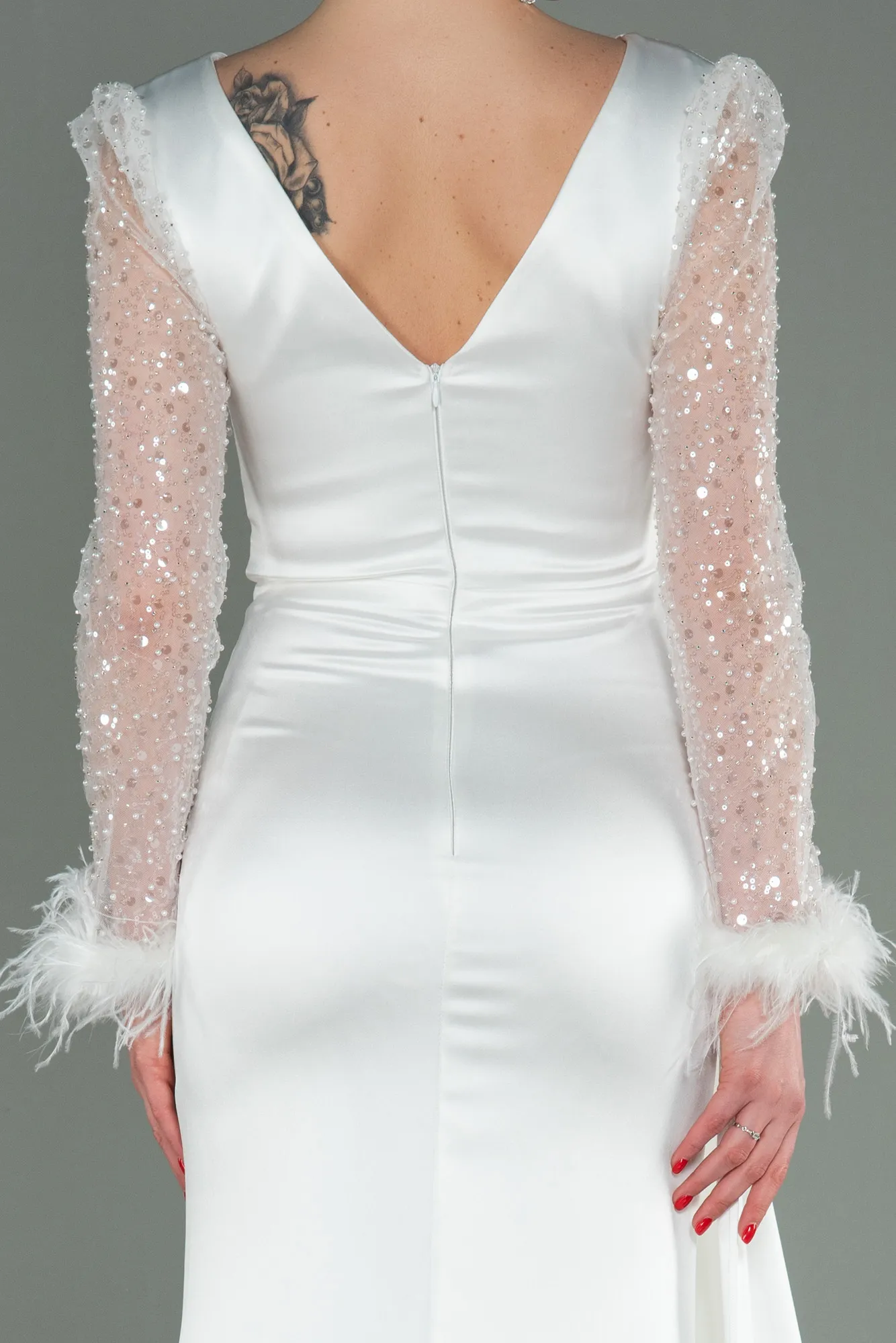 Ecru-Long Satin Evening Dress ABU3080