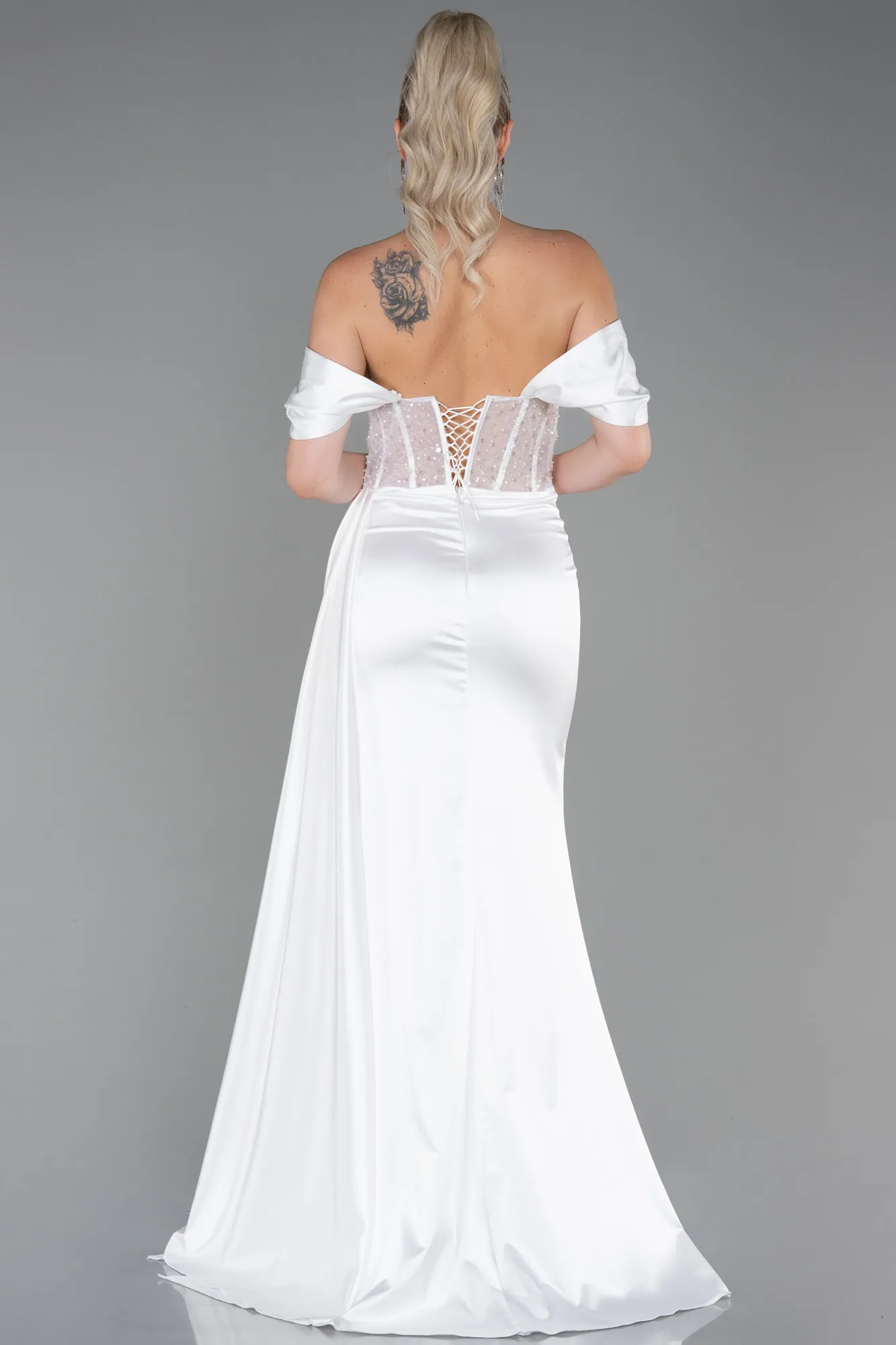 Ecru-Long Satin Evening Dress ABU3100