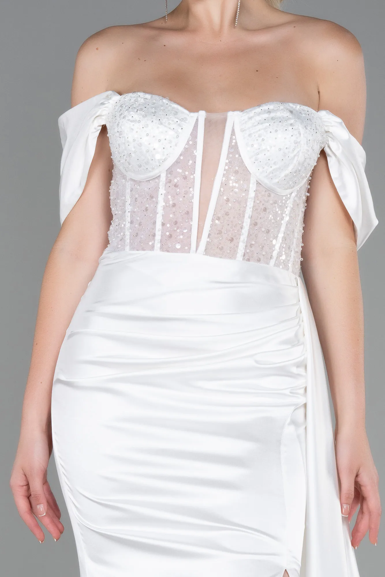 Ecru-Long Satin Evening Dress ABU3100