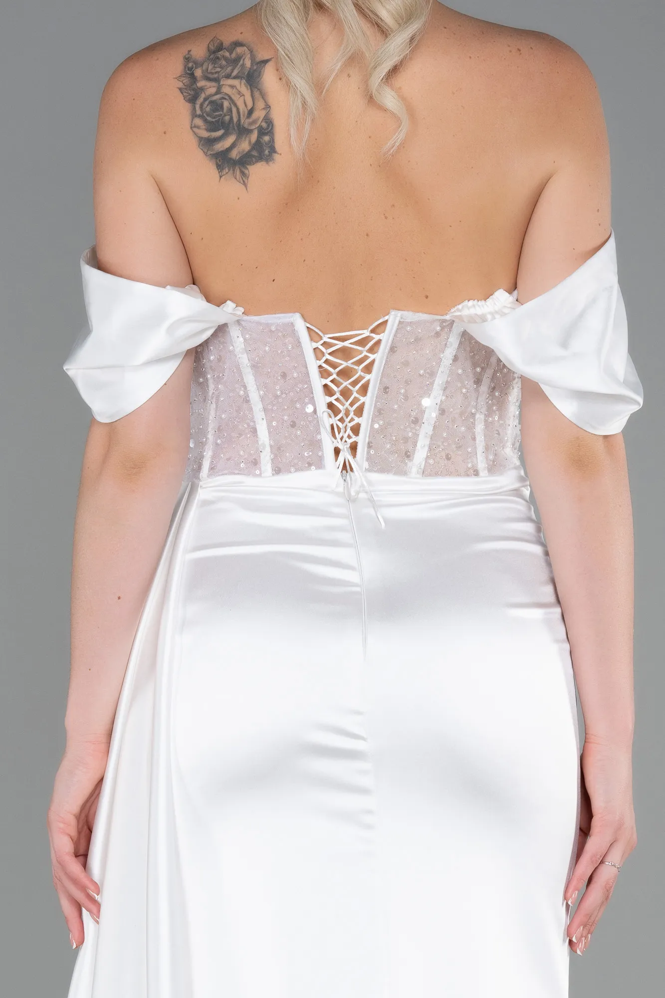 Ecru-Long Satin Evening Dress ABU3100