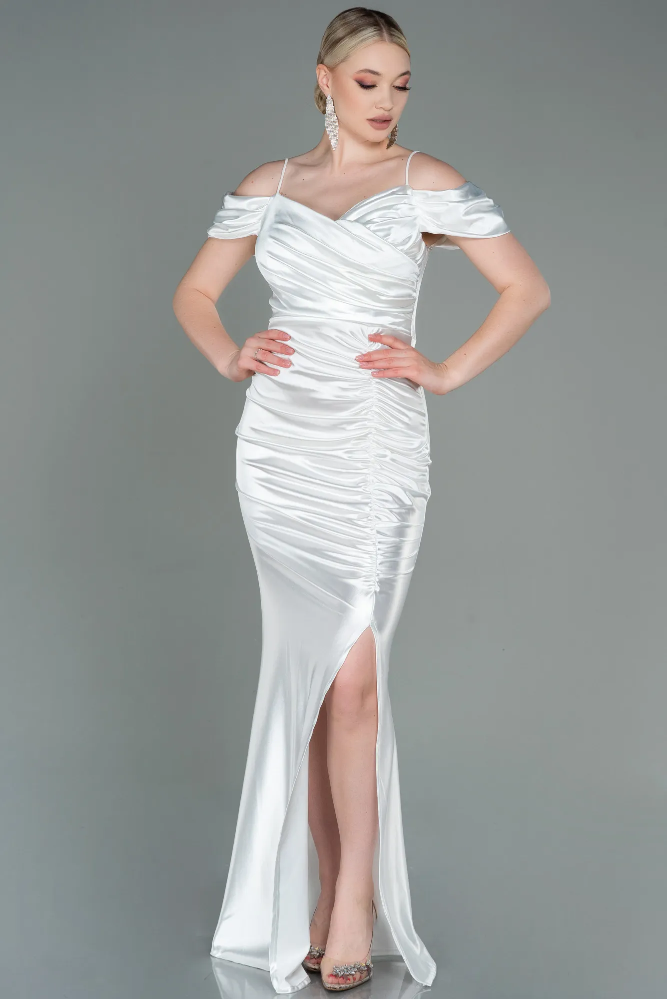 Ecru-Long Satin Evening Dress ABU3139