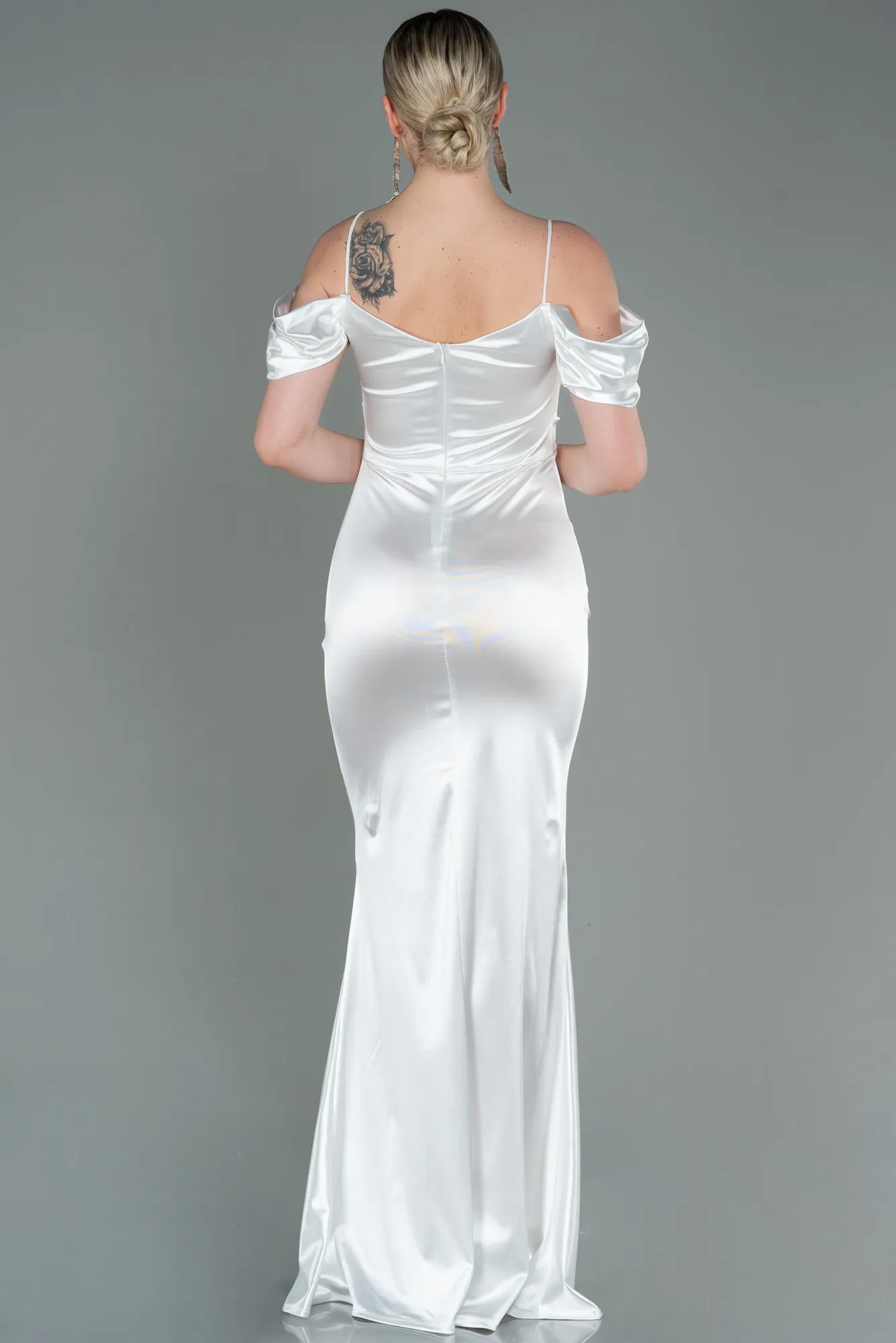 Ecru-Long Satin Evening Dress ABU3139