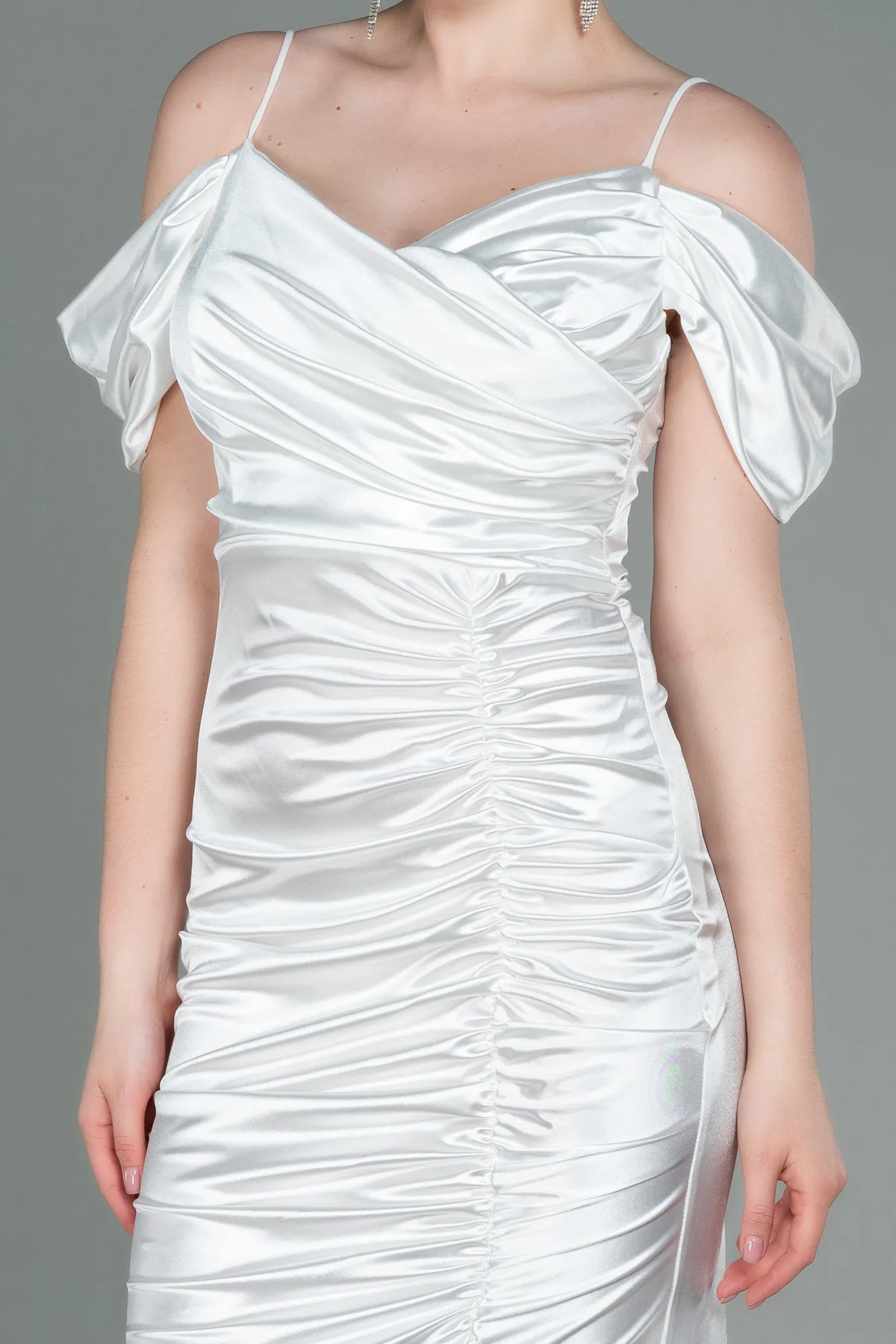 Ecru-Long Satin Evening Dress ABU3139