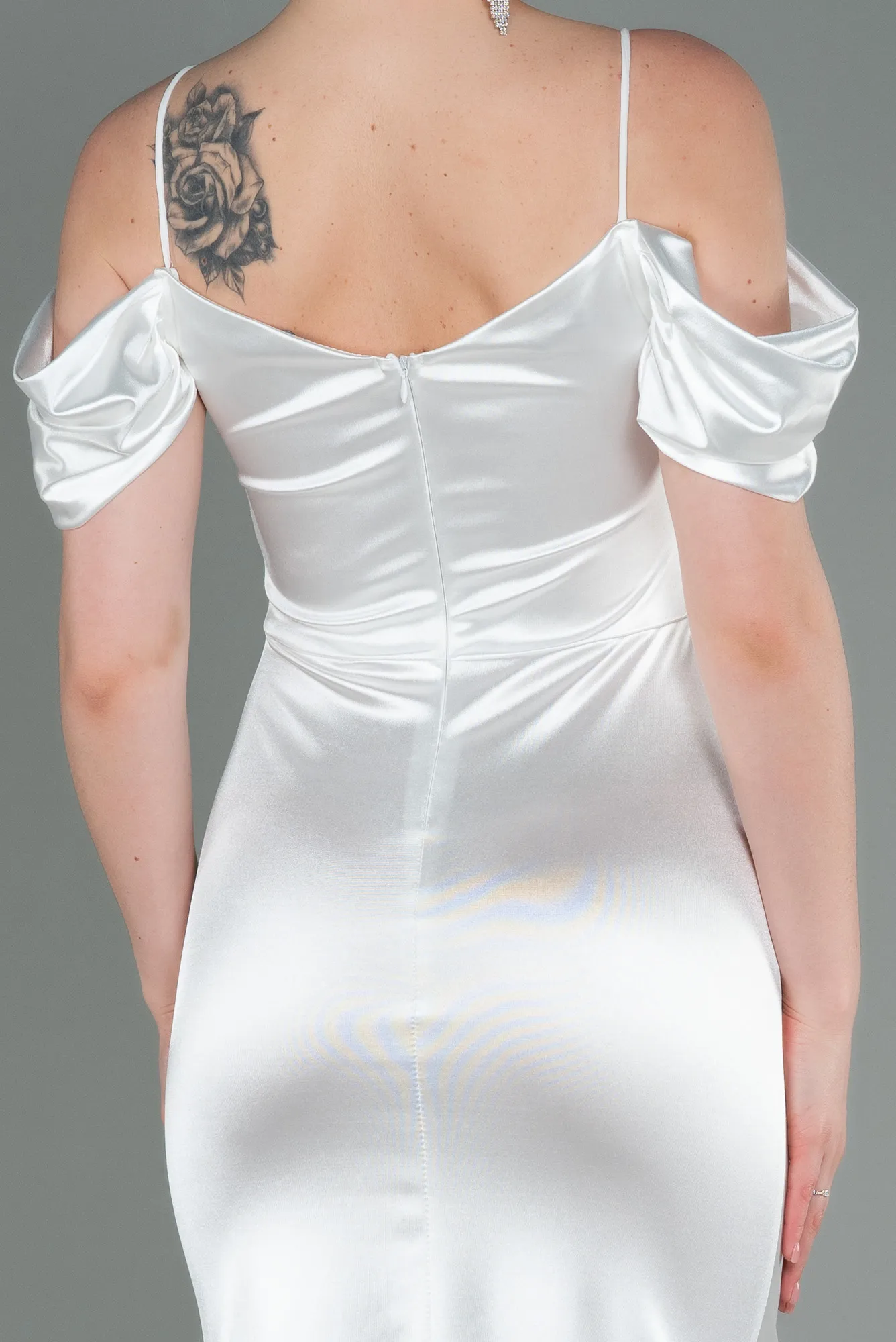 Ecru-Long Satin Evening Dress ABU3139