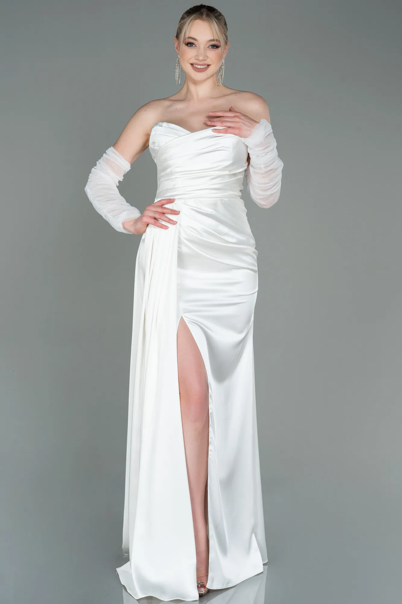 Ecru-Long Satin Evening Dress ABU3175