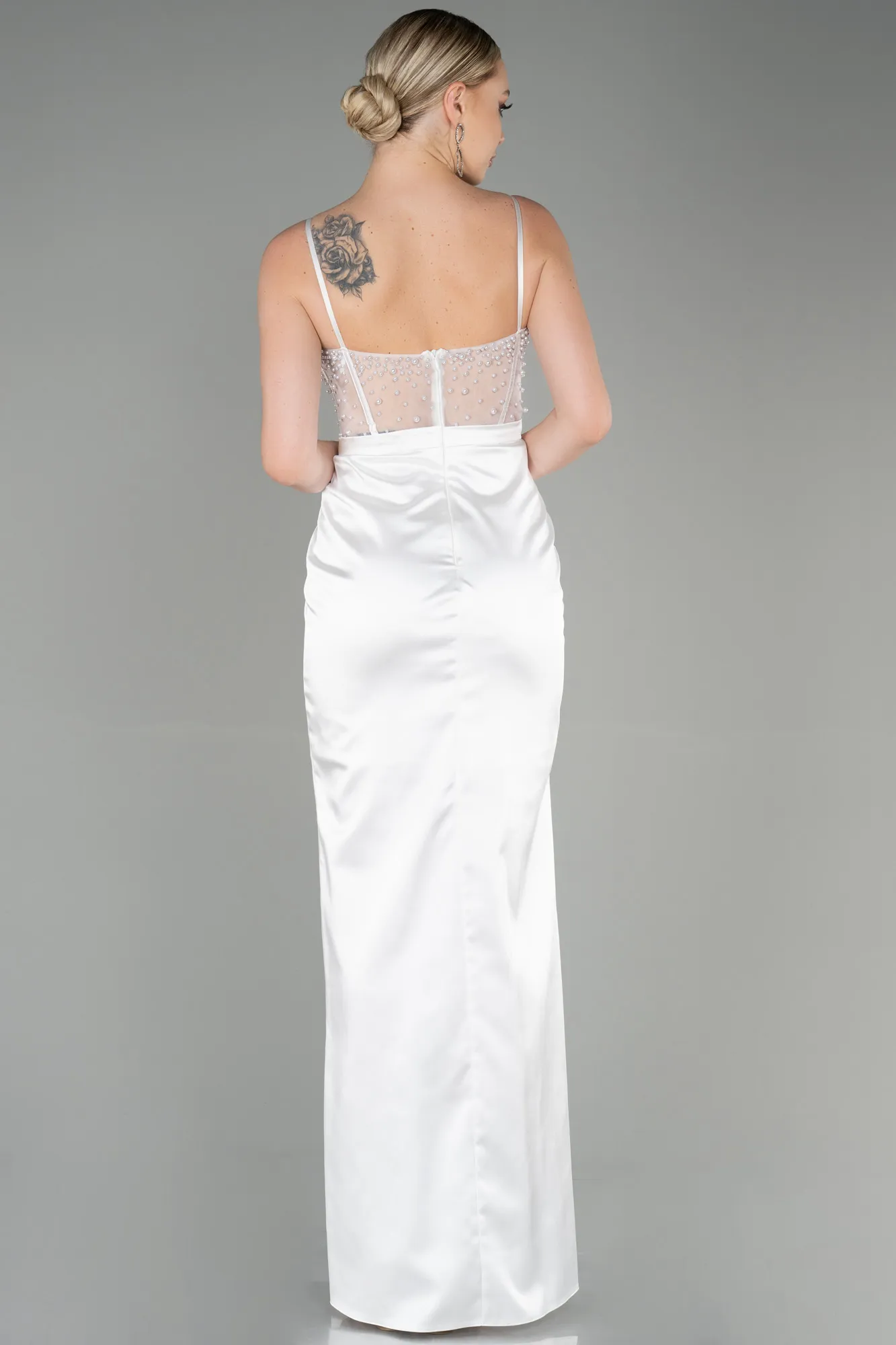 Ecru-Long Satin Evening Dress ABU3312