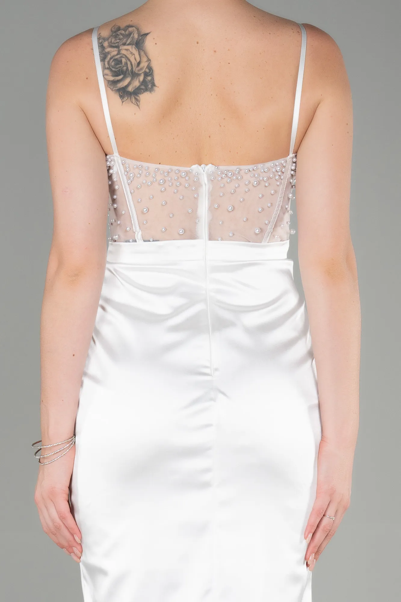 Ecru-Long Satin Evening Dress ABU3312