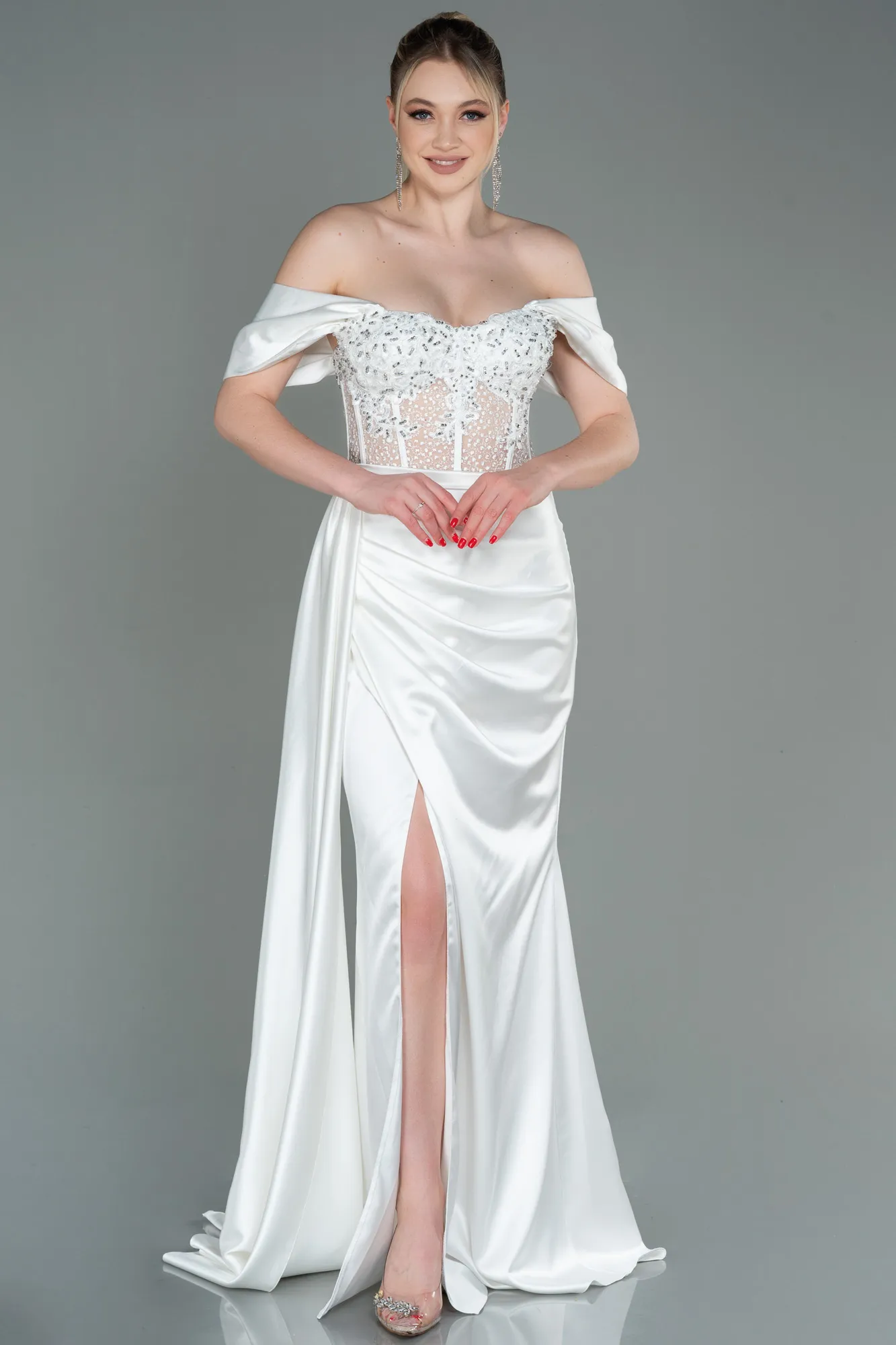 Ecru-Long Satin Evening Dress ABU3446