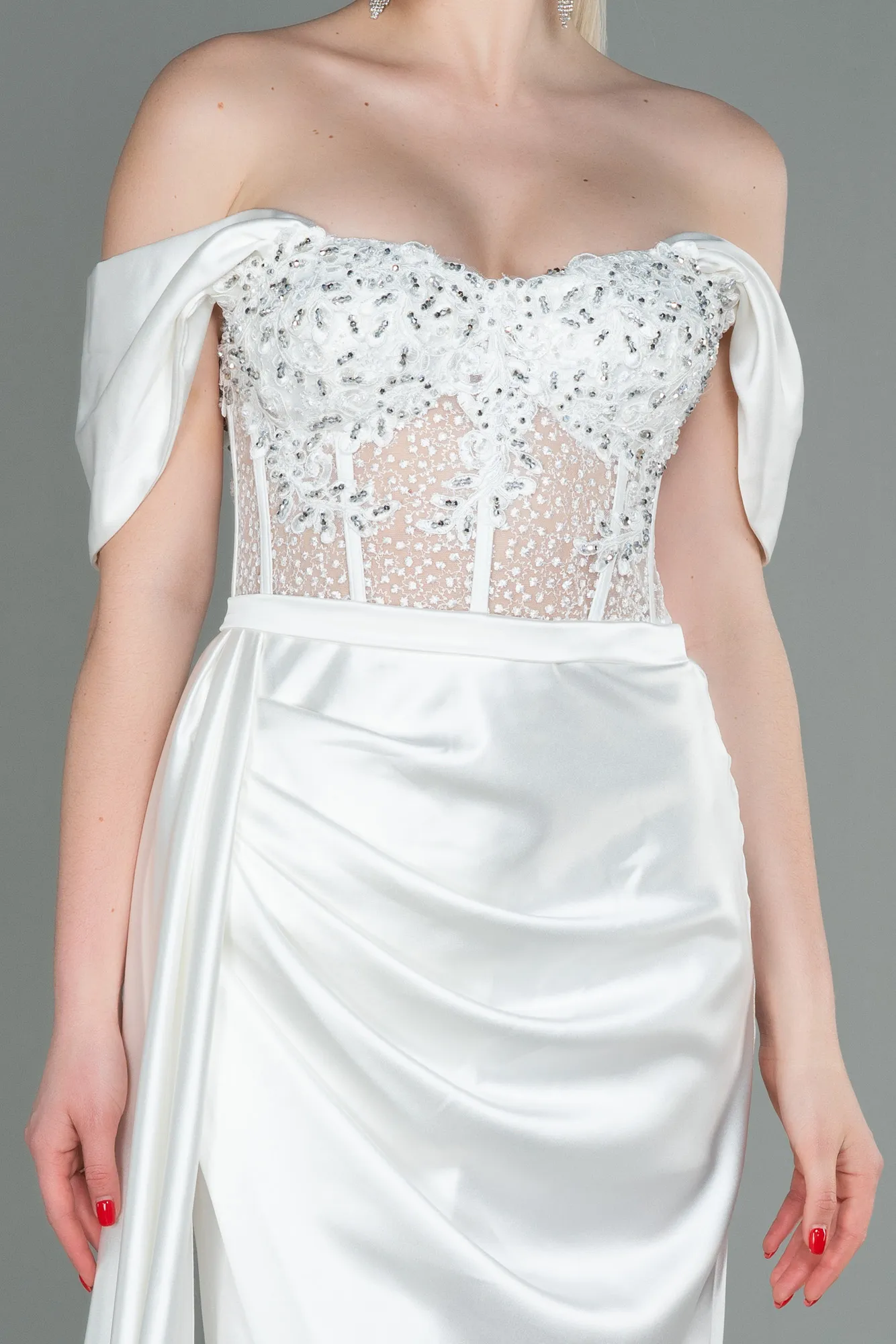 Ecru-Long Satin Evening Dress ABU3446