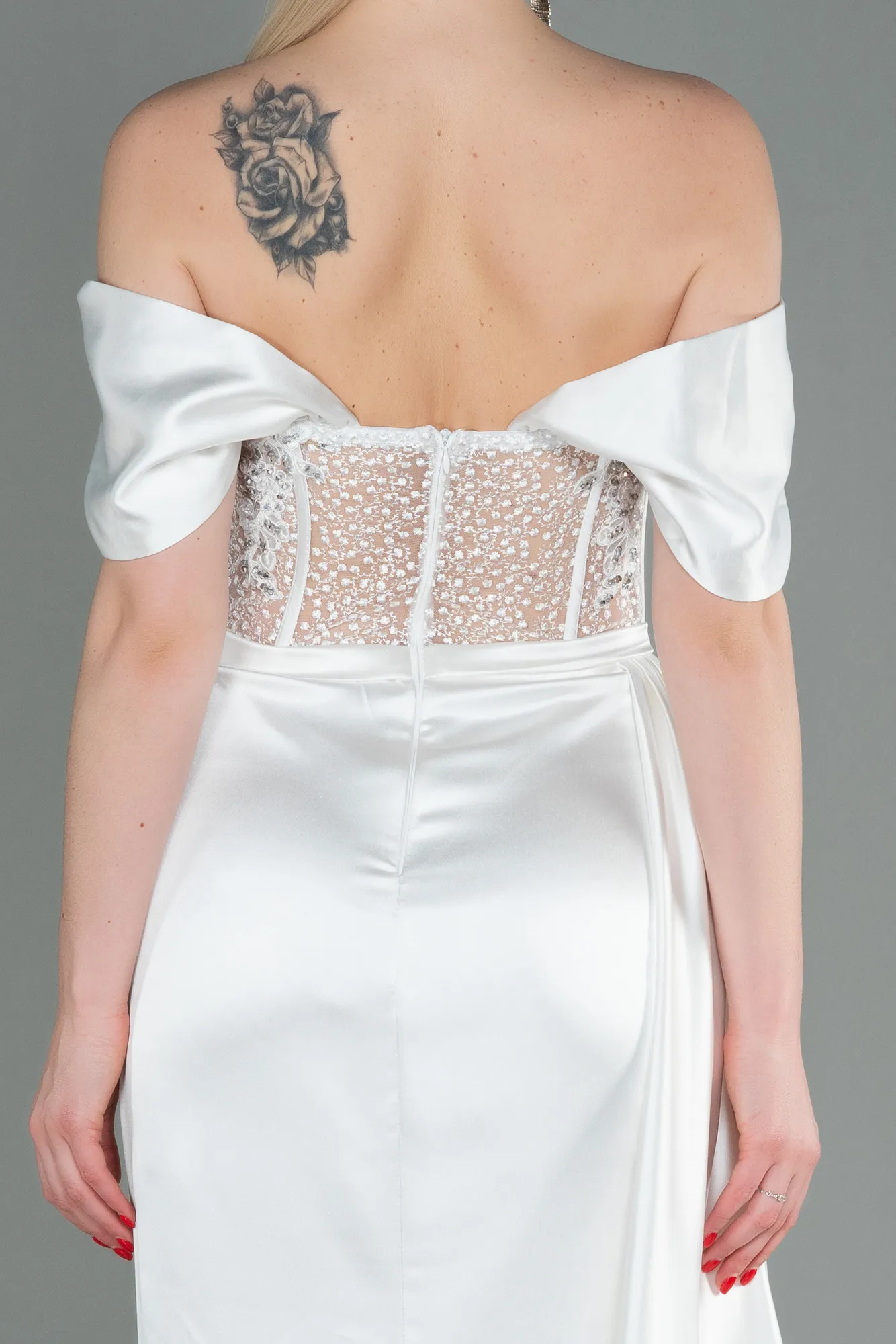 Ecru-Long Satin Evening Dress ABU3446