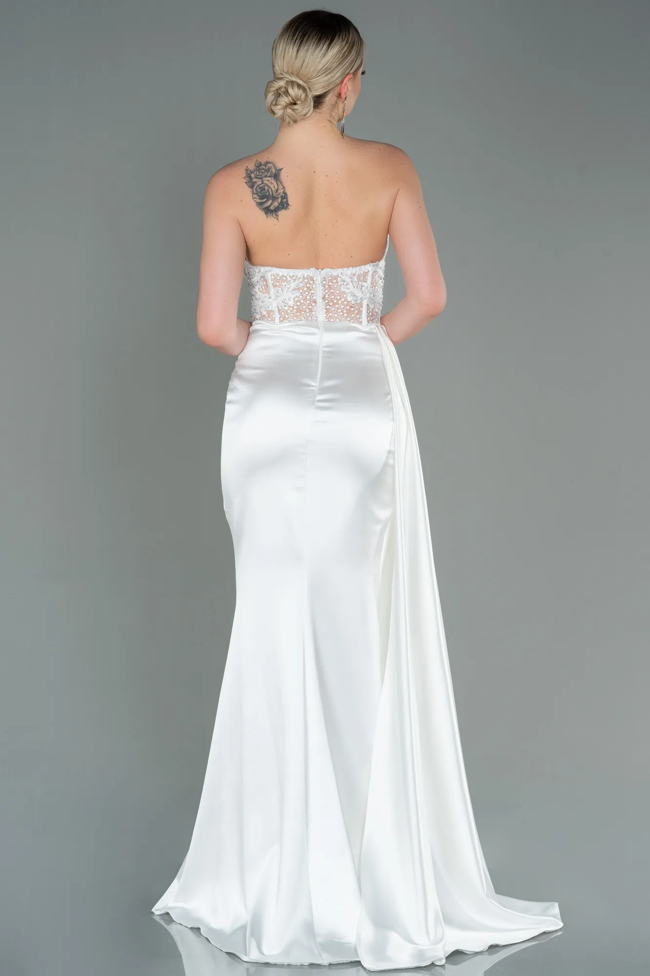 Ecru-Long Satin Evening Dress ABU3447