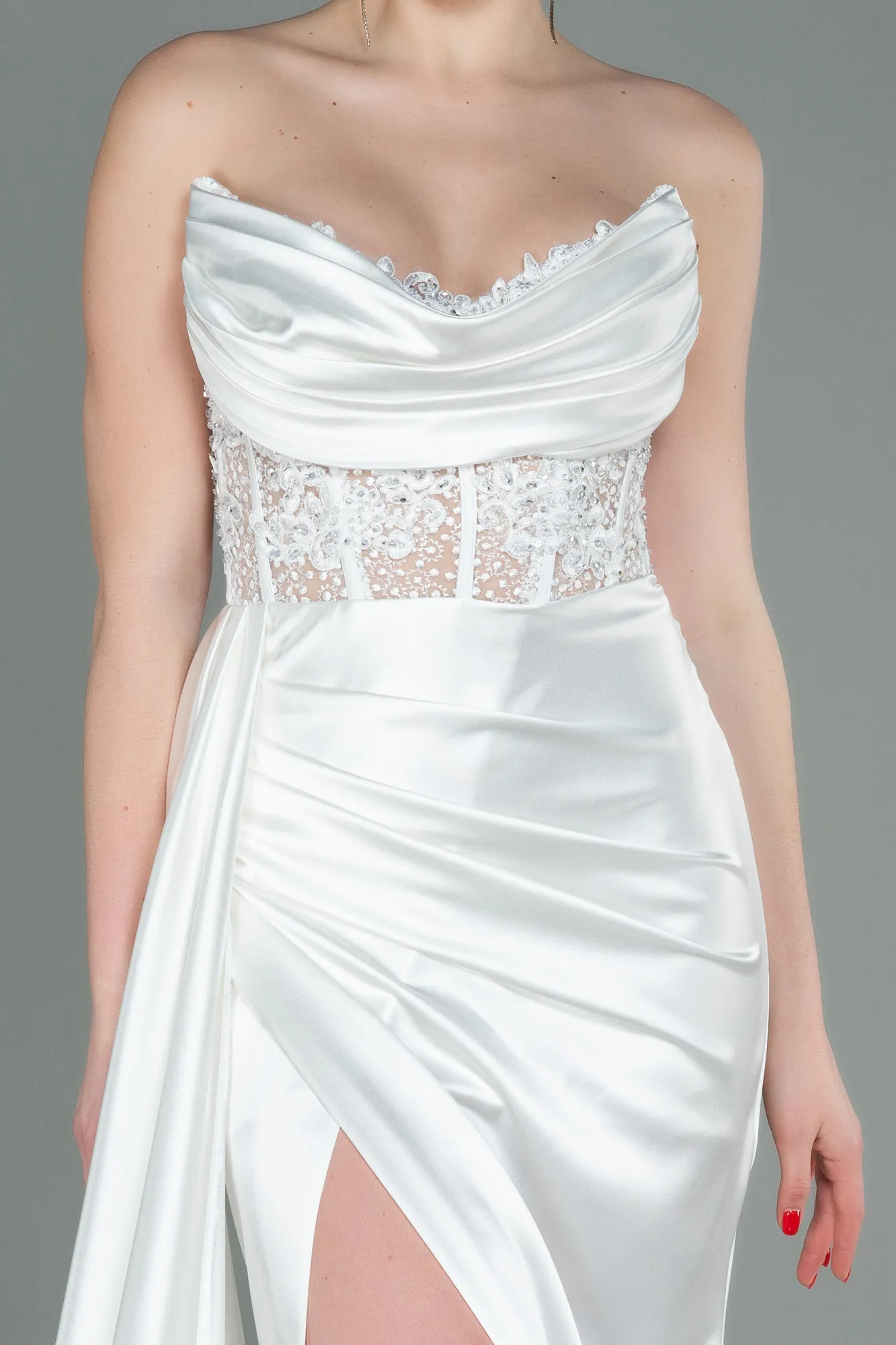 Ecru-Long Satin Evening Dress ABU3447