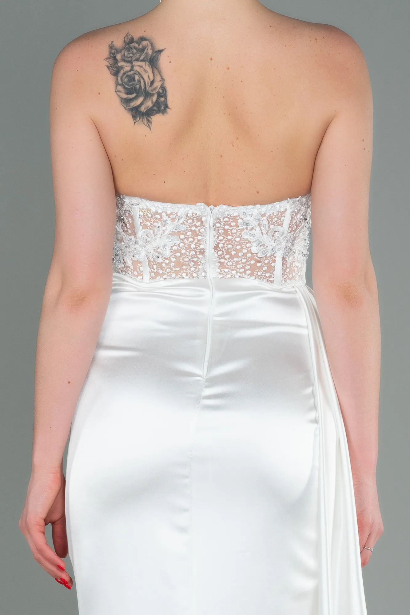 Ecru-Long Satin Evening Dress ABU3447