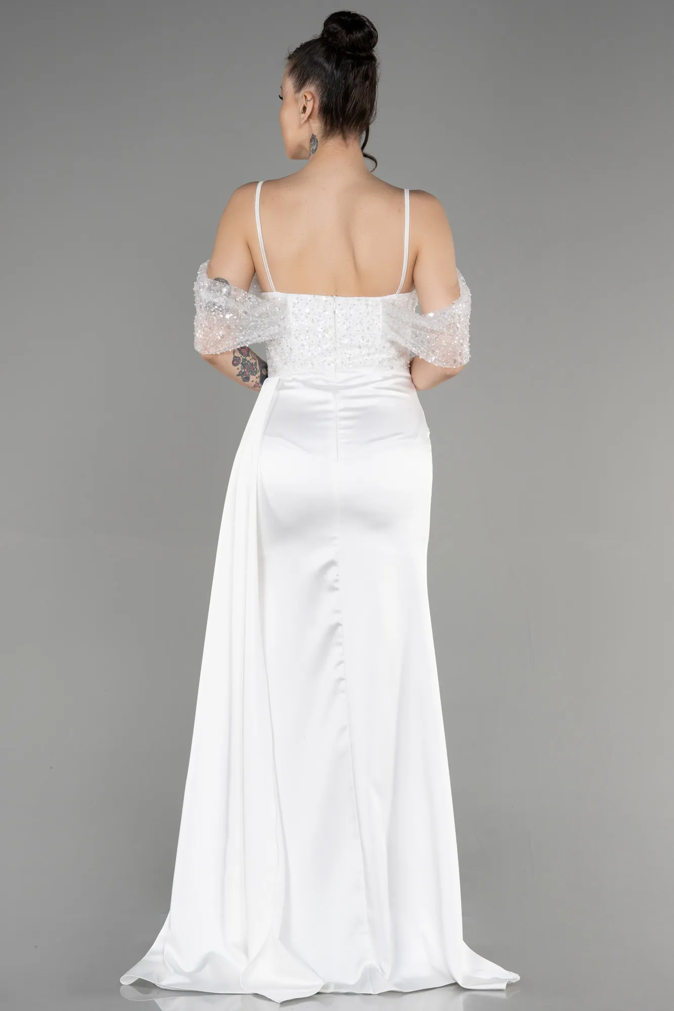 Ecru-Long Satin Evening Dress ABU3521