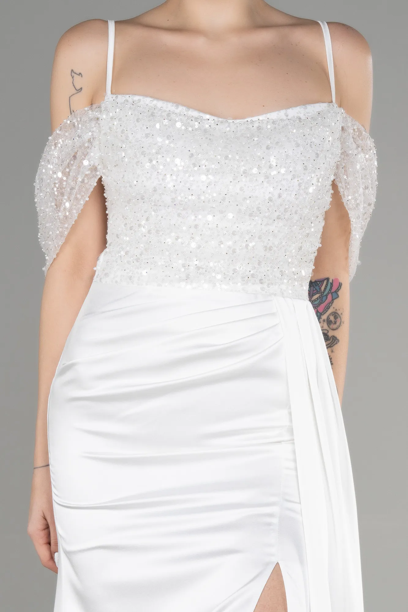 Ecru-Long Satin Evening Dress ABU3521