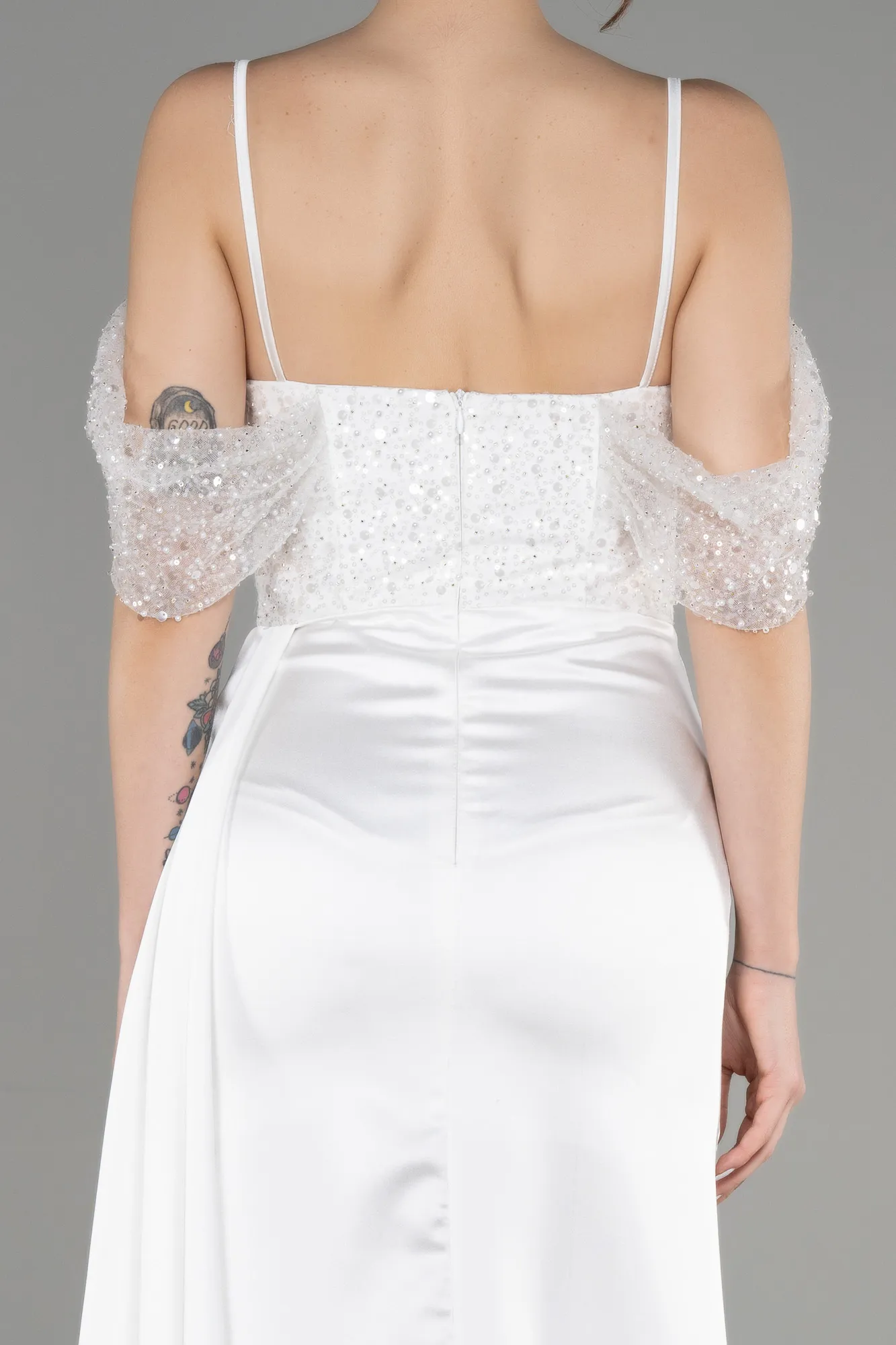 Ecru-Long Satin Evening Dress ABU3521