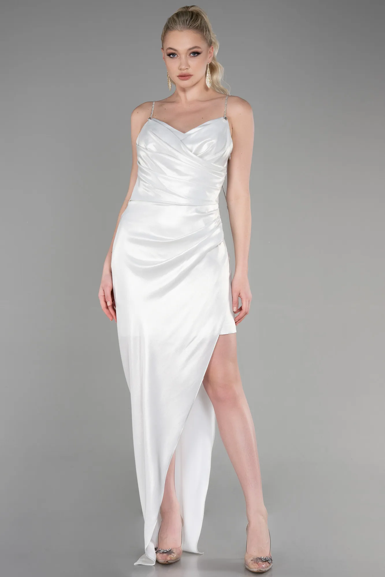 Ecru-Long Satin Evening Dress ABU3629